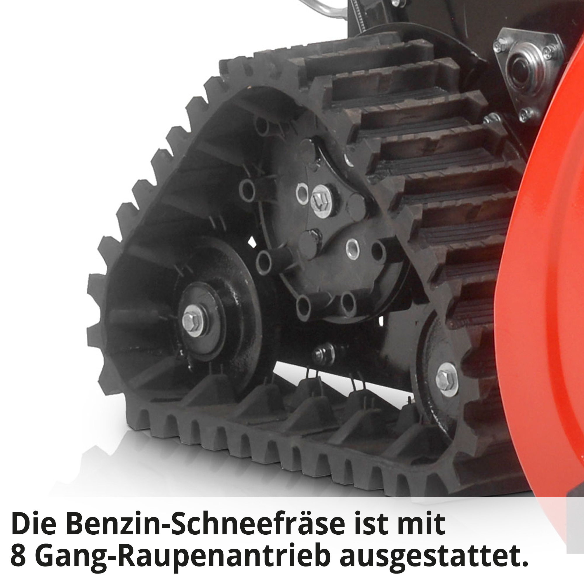 Benzin-Schneefräse mit Raupenkette und Grobstolligen Profil für maximalen Grip 