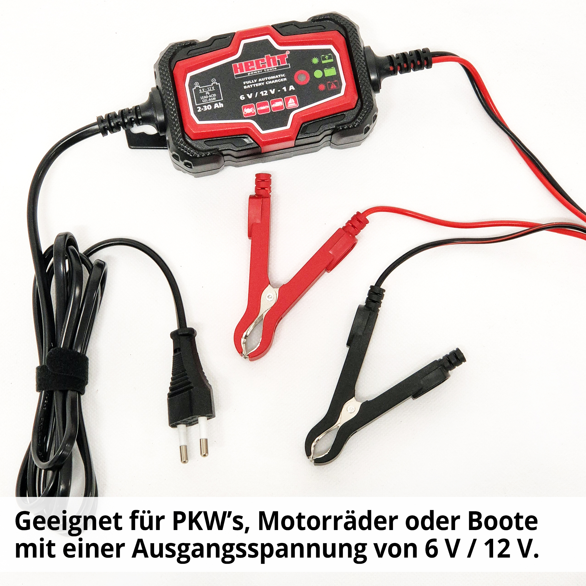 HECHT 2030 Erhaltungsladegerät geeignet für PKWs, Motorräder oder Boote mit einer Ausgangsspannung von 6 Volt oder 12 Volt