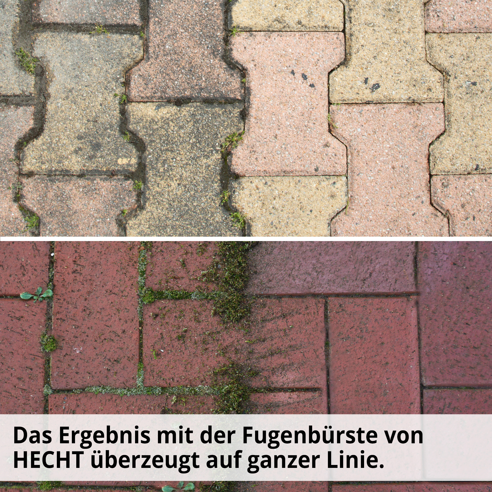 HECHT 445 Unkrautbürste; Das Ergebnis mit der Fugenbürste überzeugt auf ganzer Linie