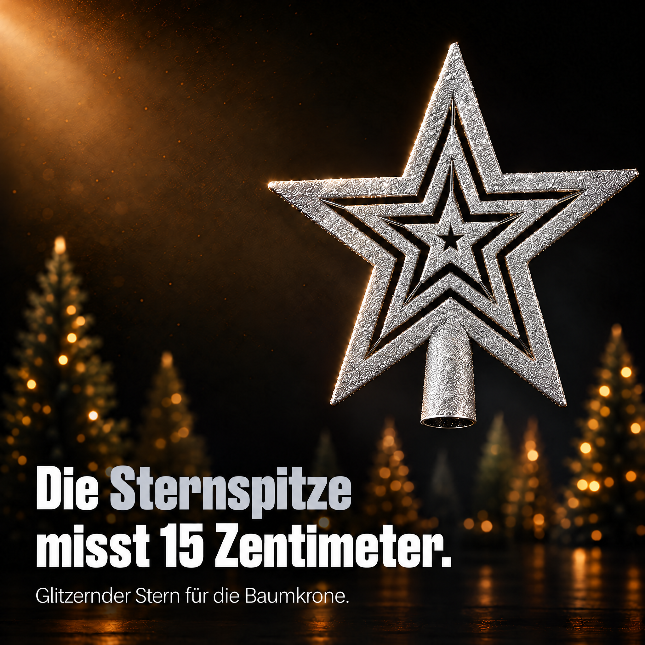 ONBEST Sternspitze Silber: 15 cm großer Glitzerstern für die Baumkrone. (Dieses Bild wurde mit Hilfe von KI generiert.)
