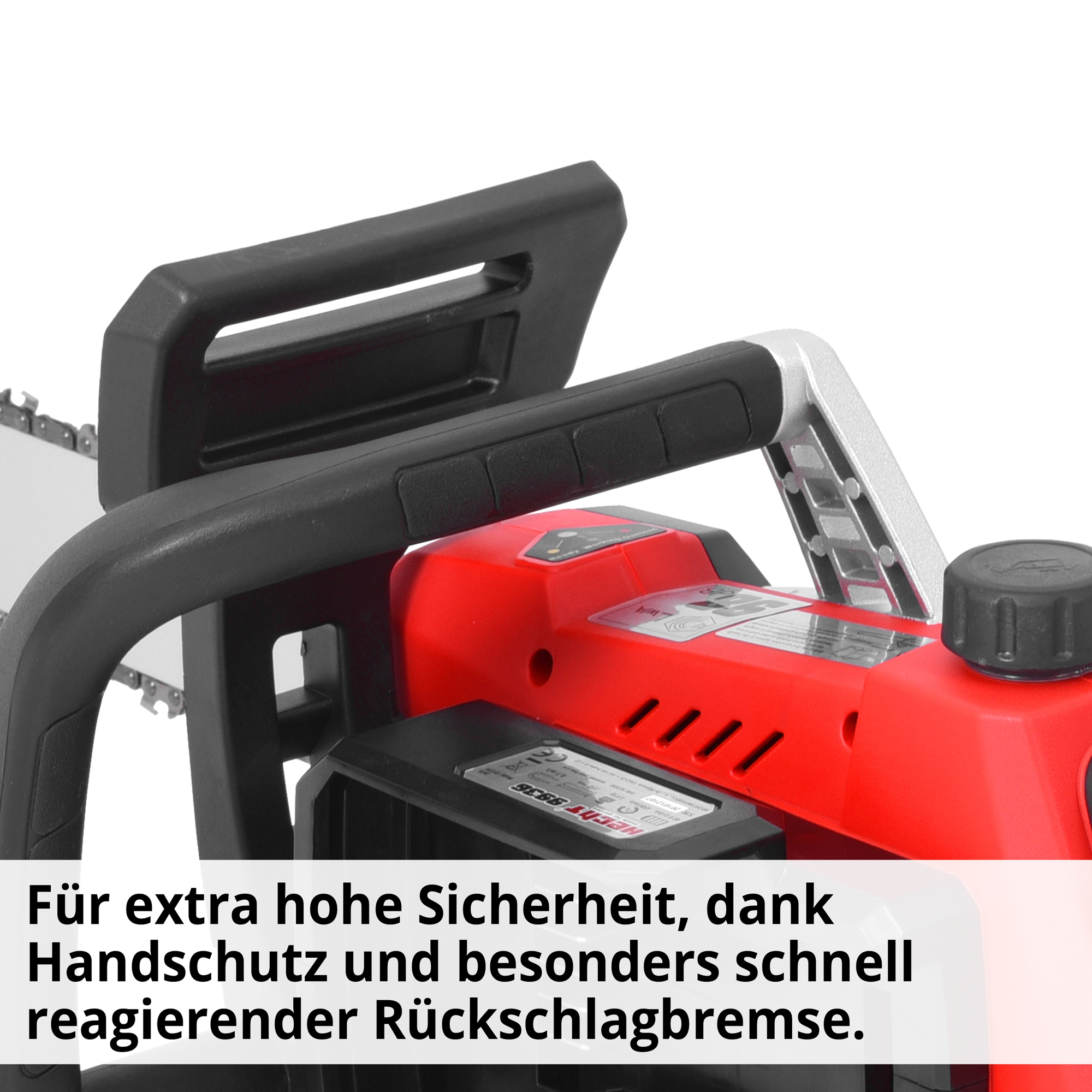 Akku Kettensäge; hohe Sicherheit dank Handschutz und besonders schnell reagierender Rückschlagbremse
