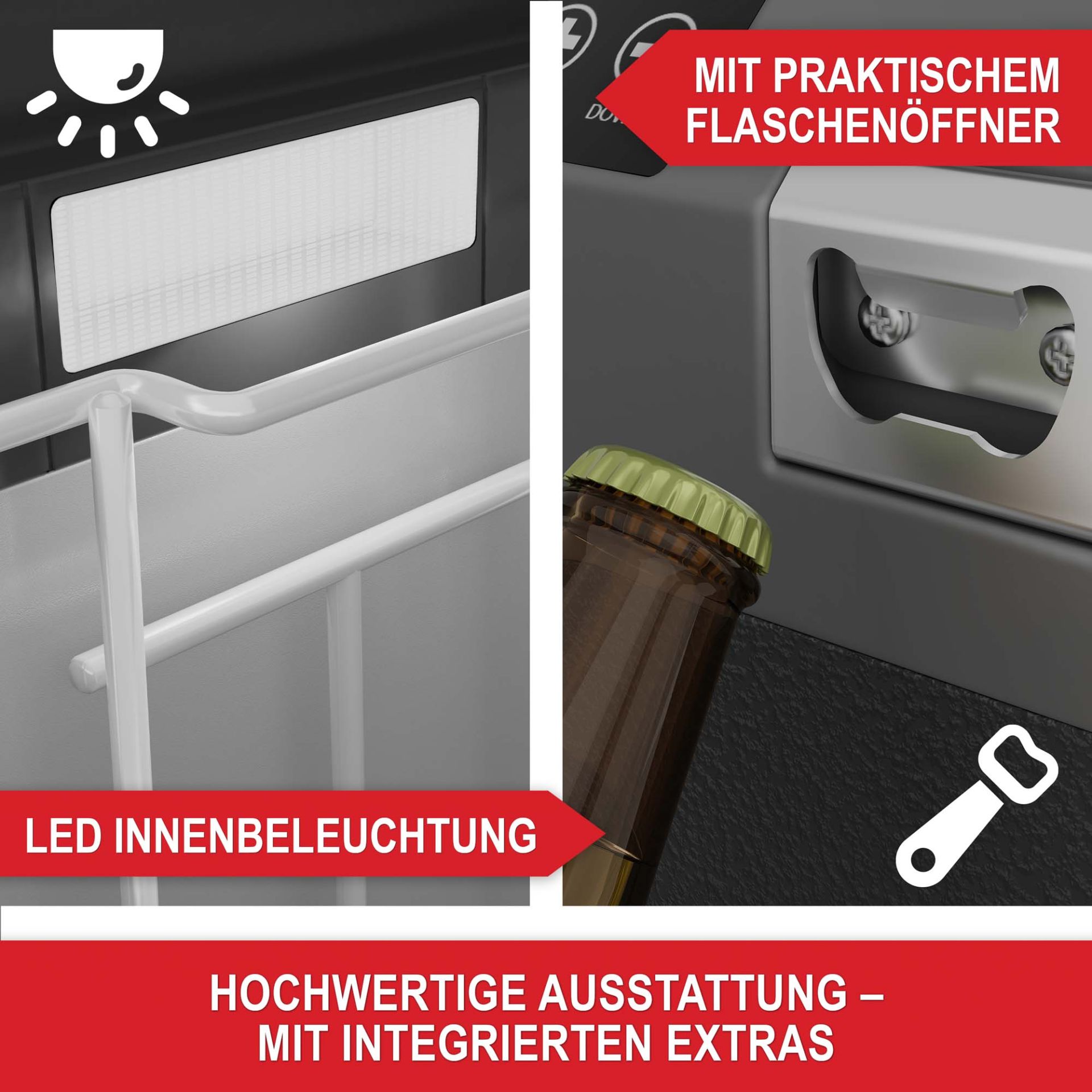 Kompressor Kühlbox 60 L - Mit praktischem Flaschenöffnet; LED Innenbeleuchtung; Hochwertige Ausstattung mit integrierten Extras