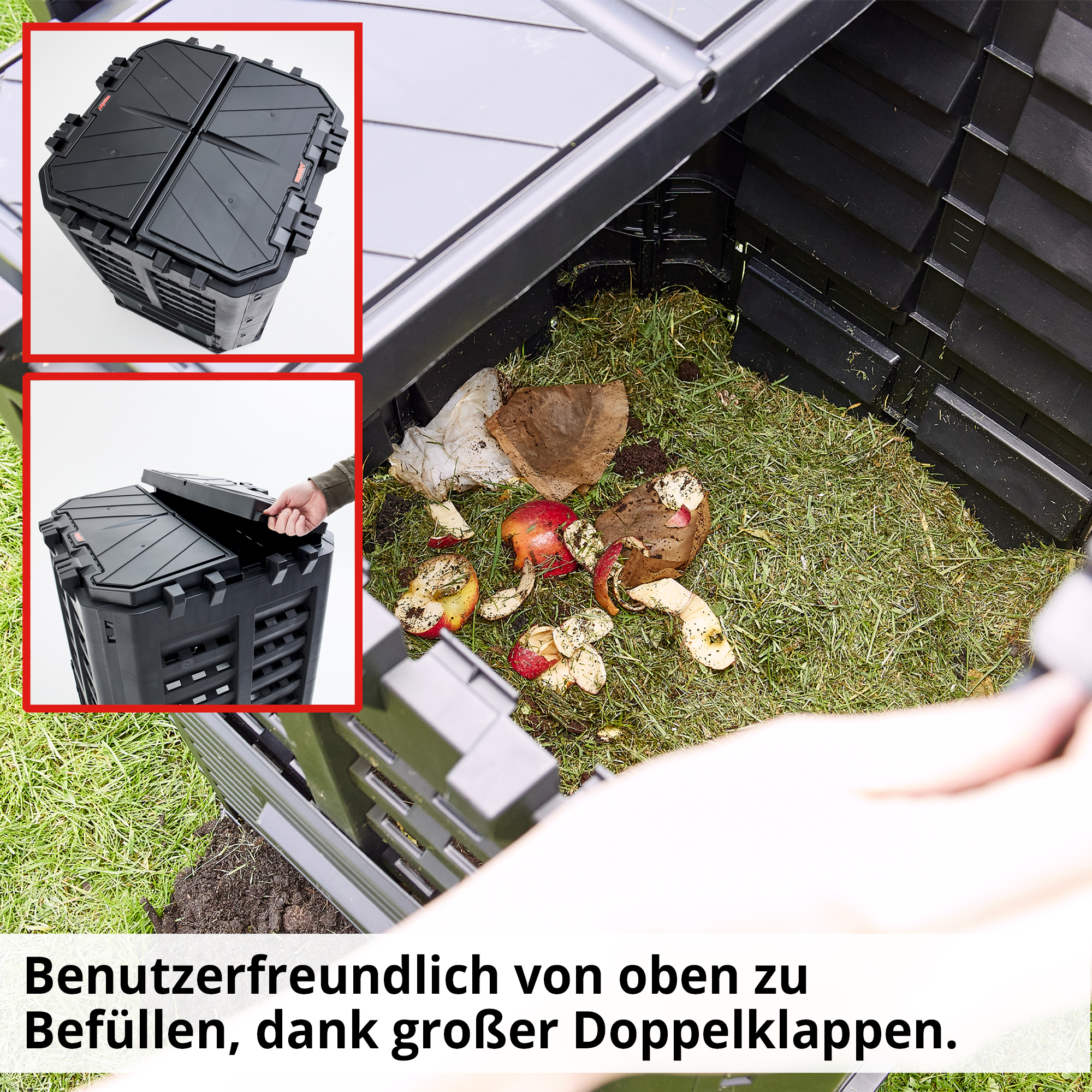 Hecht 3060 Komposter ist benutzerfreundlich von oben zu Befüllen, dank großer Doppelklappen