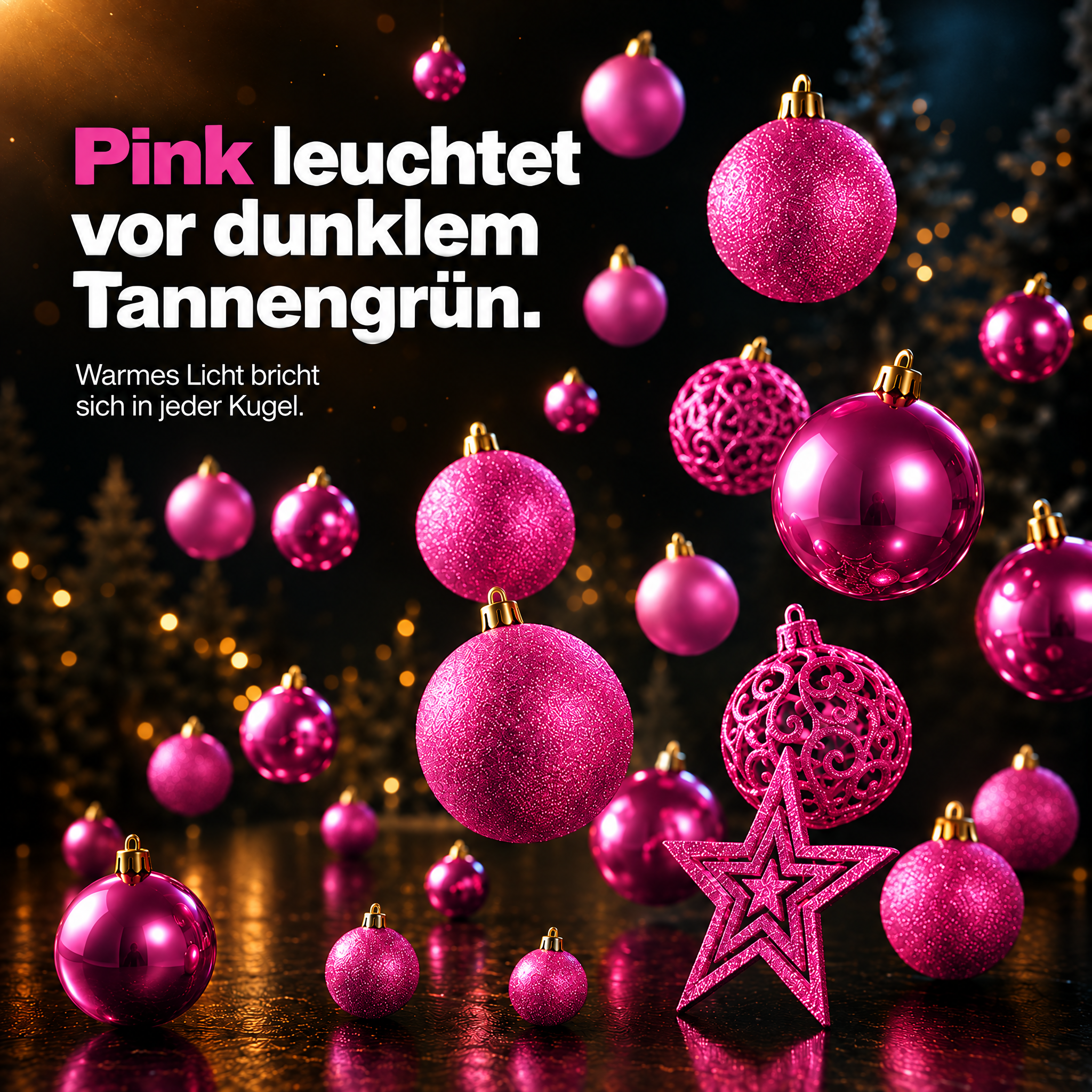 Pinke Baumkugeln: Warmes Licht bricht sich festlich im Tannengrün. (Dieses Bild wurde mit Hilfe von KI generiert.)