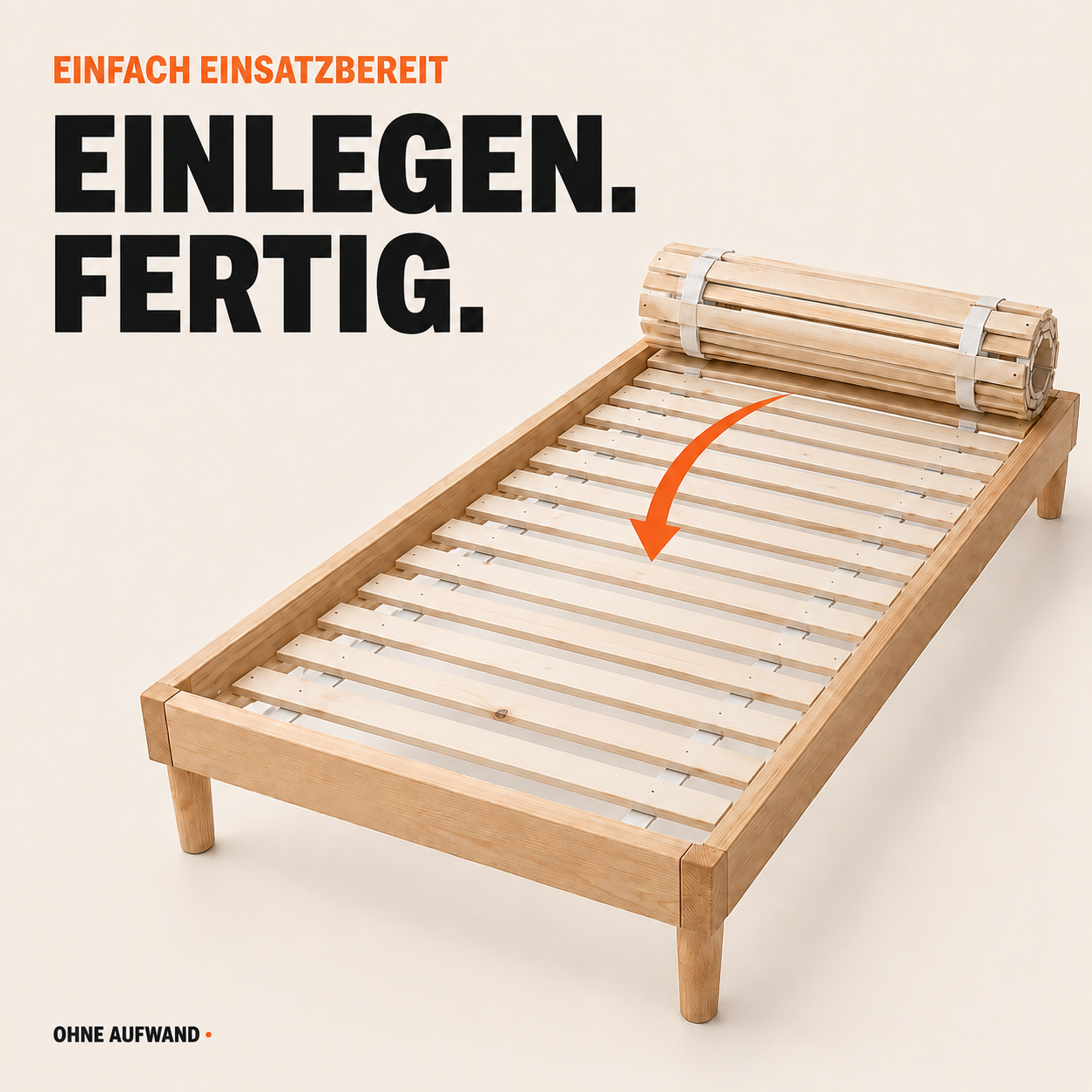 Rollrost 80x200 einfach im Holzbett ausrollen und einlegen (Dieses Bild wurde mit Hilfe von KI generiert.)