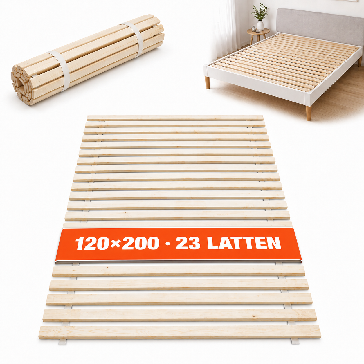 Rollrost 120x200 cm mit 23 Latten: Im Bett, ausgerollt und kompakt gerollt (Dieses Bild wurde mit Hilfe von KI generiert.)