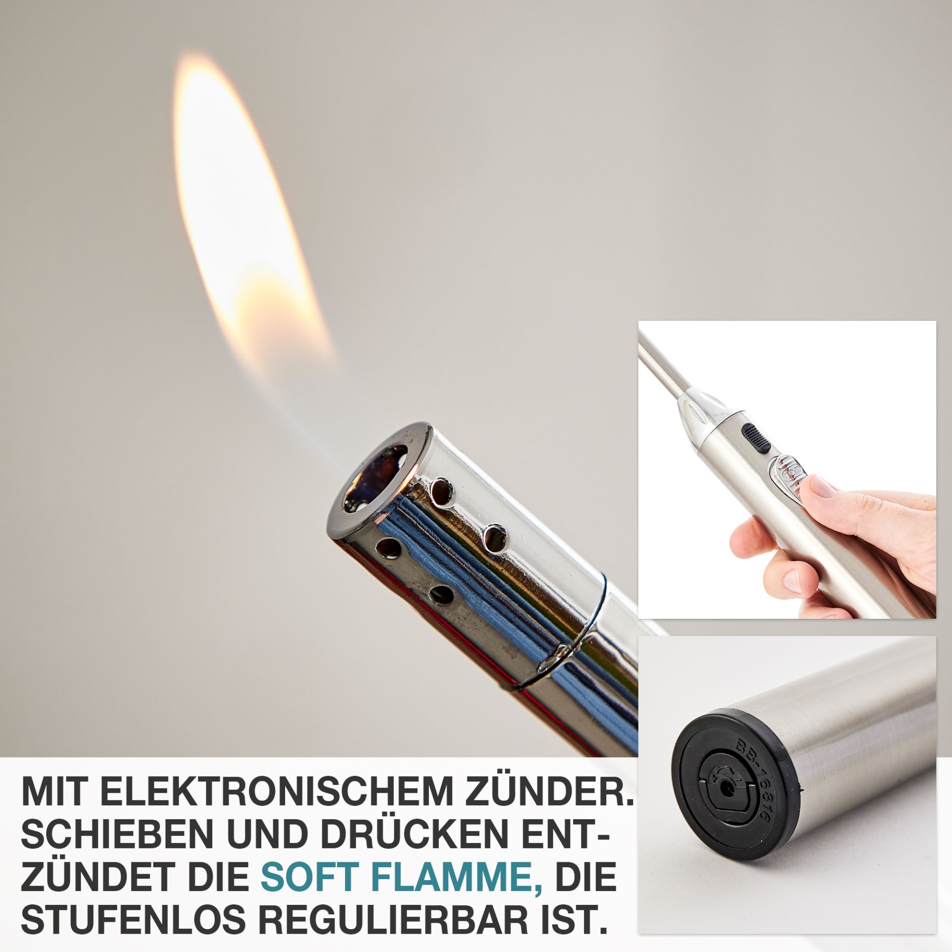 TOM Stabfeuerzeug: elektronischer Zünder, stufenlos regulierbare Flamme