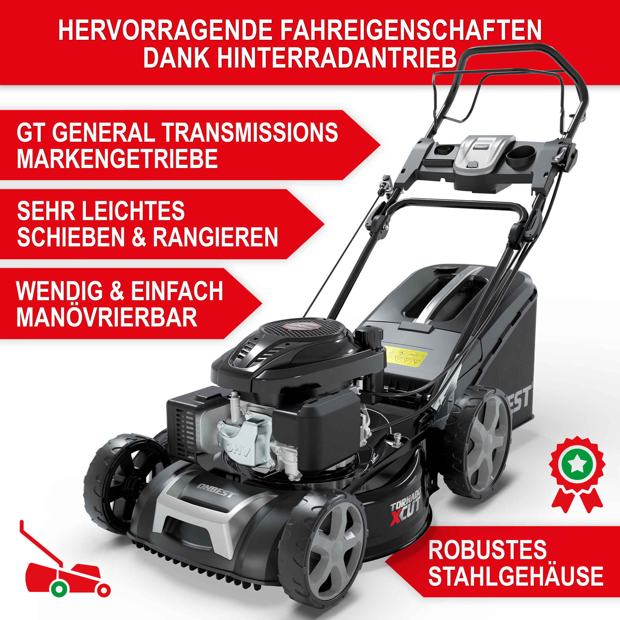 Rasenmäher Benzin TXC-3651 - Hervorragende Fahreigenschaften dank Hinterradantrieb; sehr leichtes schieben und rangieren; wenig und einfach manövrierbar; robustes Stahlgehäuse