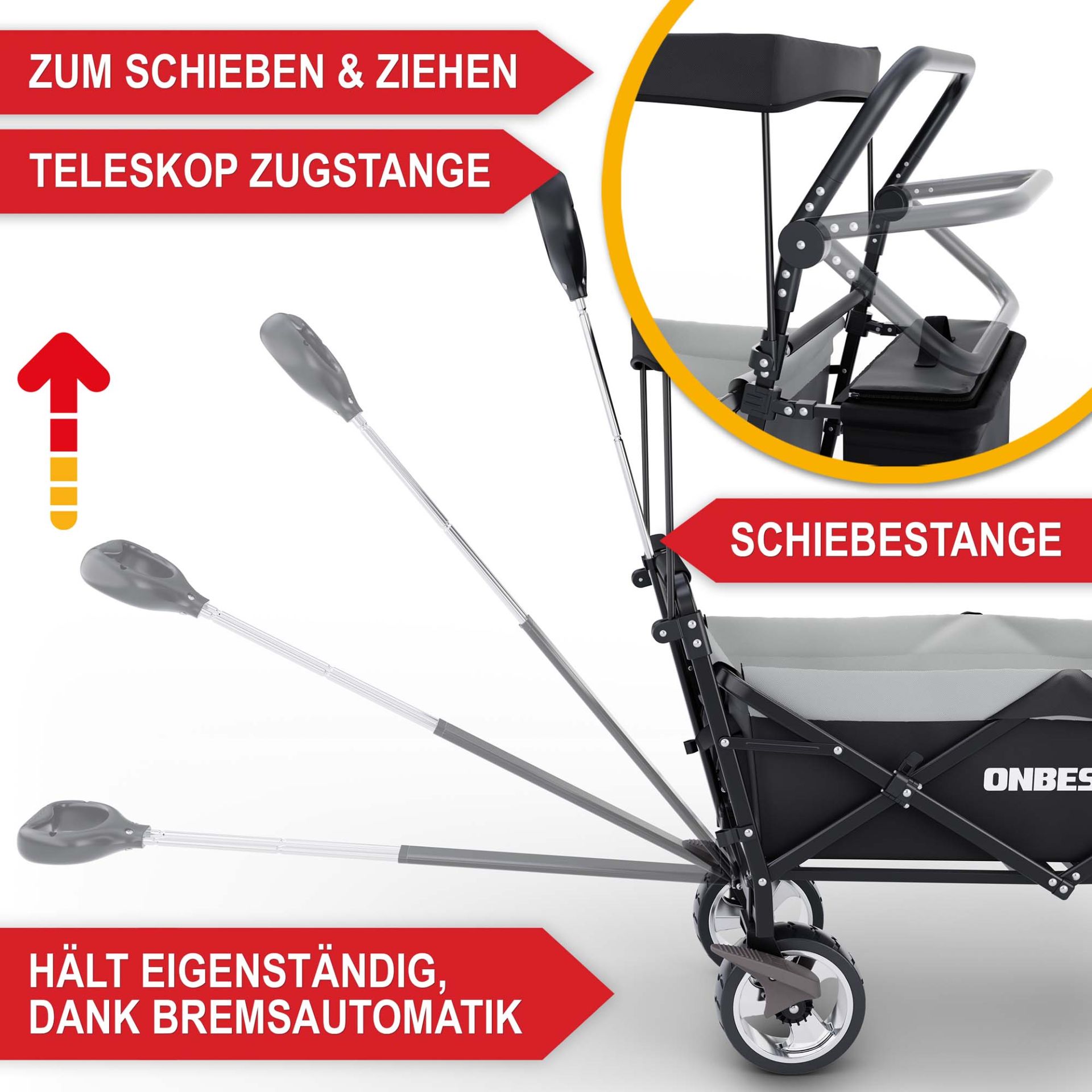 Bollerwagen mit Dach schwarz - Zum schieben und ziehen; Teleskop Zugstange, hält eigenständig dank Bremsautomatik