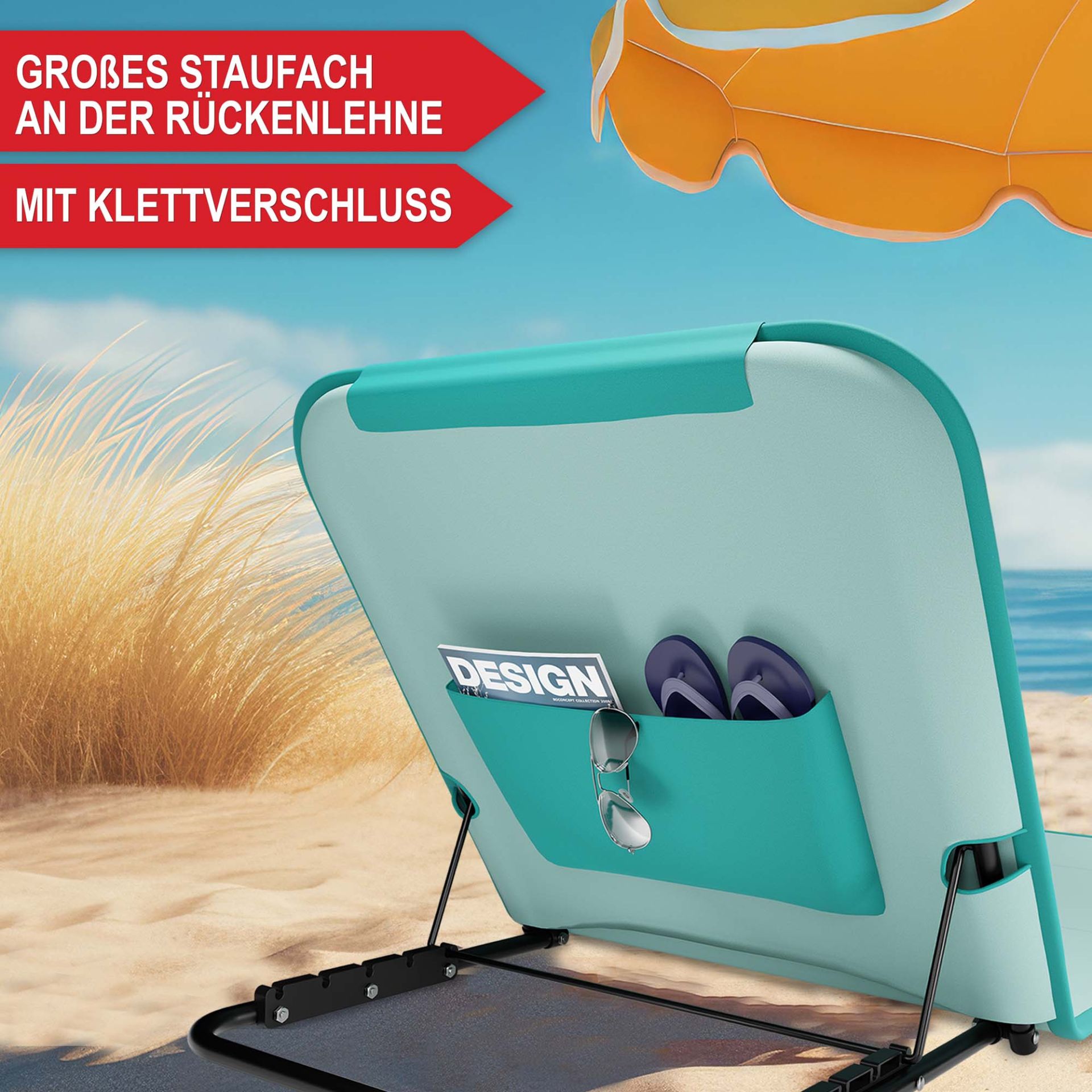 Strandliege türkis - Großes Staufach an der Rückenlehne, mit Klettverschluss
