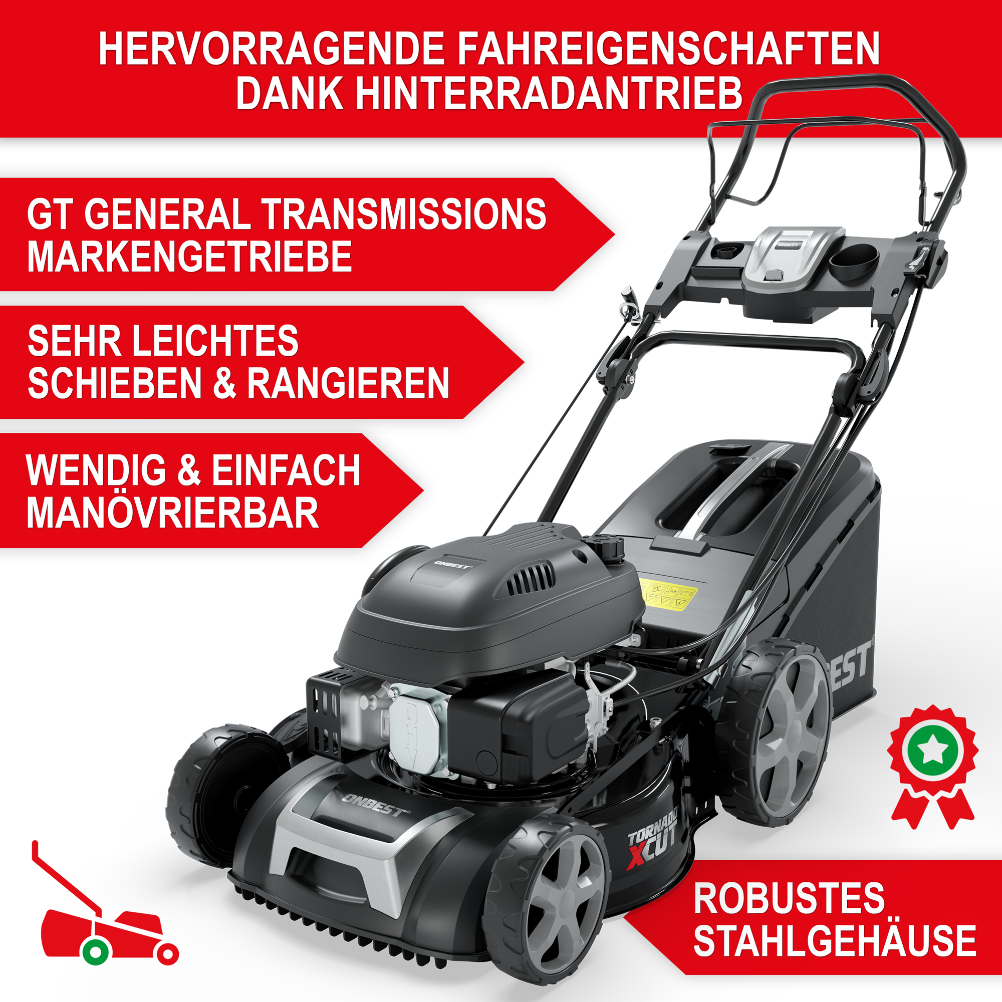 Rasenmäher TXC-3646 - Hervorragende Fahreigenschaften dank Hinterradantrieb; sehr leichtes schieben und rangieren; wenig und einfach manövrierbar; robustes Stahlgehäuse