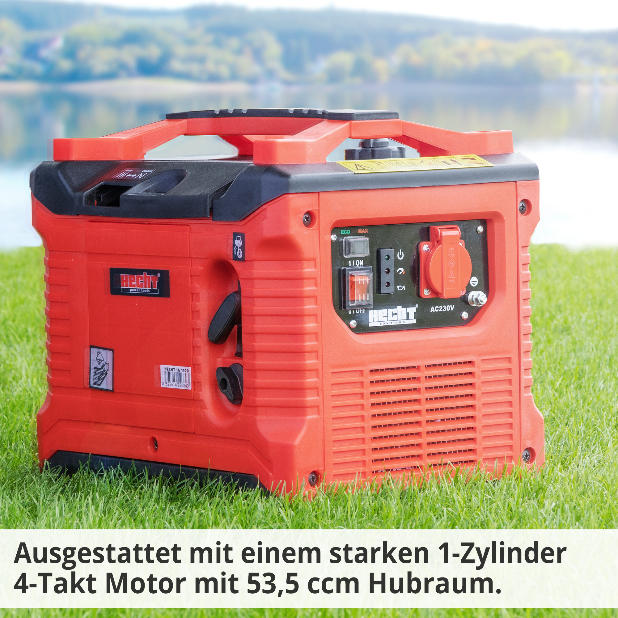 HECHT IG 1100 Inverter; Ausgestattet mit einem starken 1-Zylinder 4-Takt Motor mit 53,5 ccm Hubraum