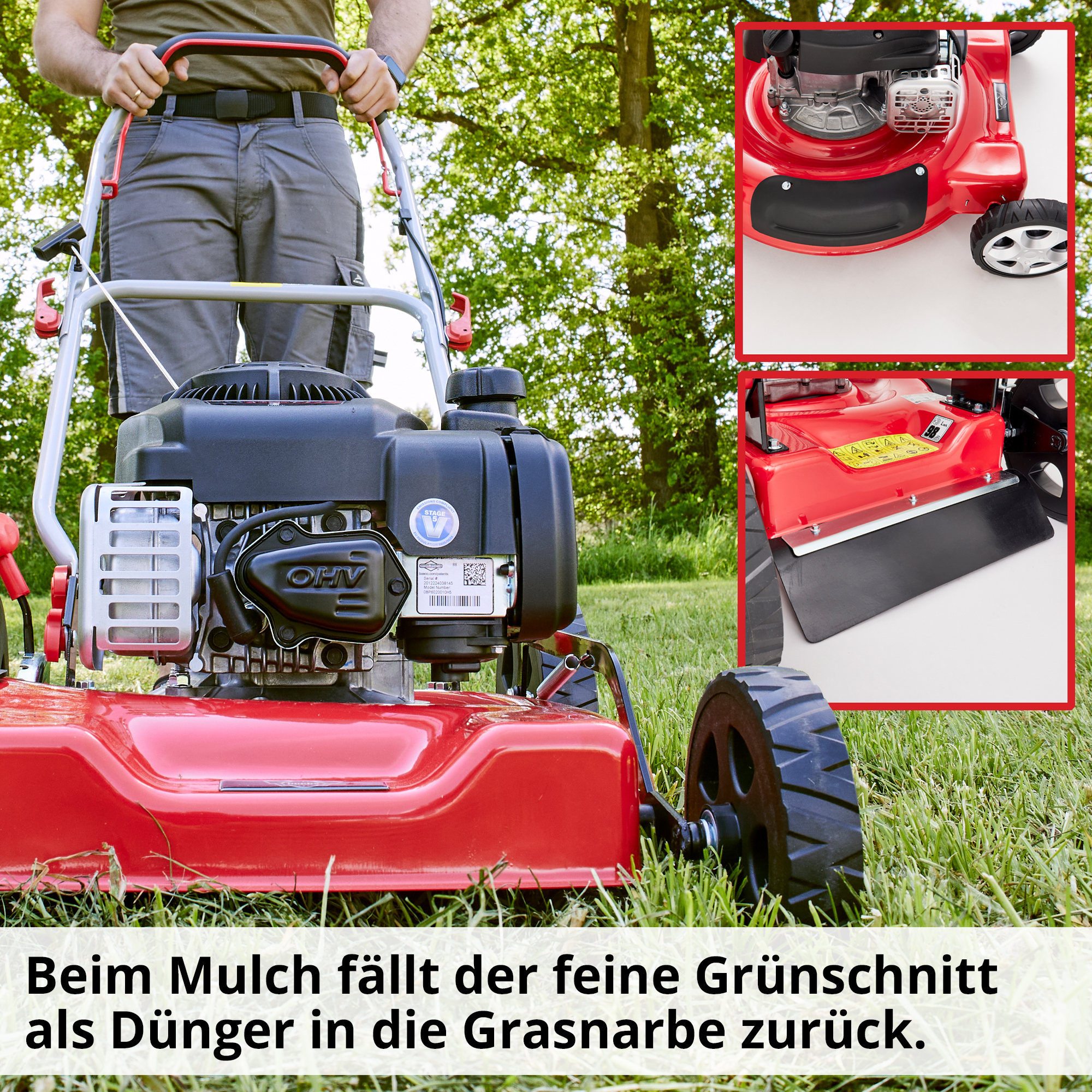 Benzin-Rasenmäher mit Mulch Funktion und Fallklappe  Benzin-Rasenmäher mit Mulch Funktion und Fallklappe