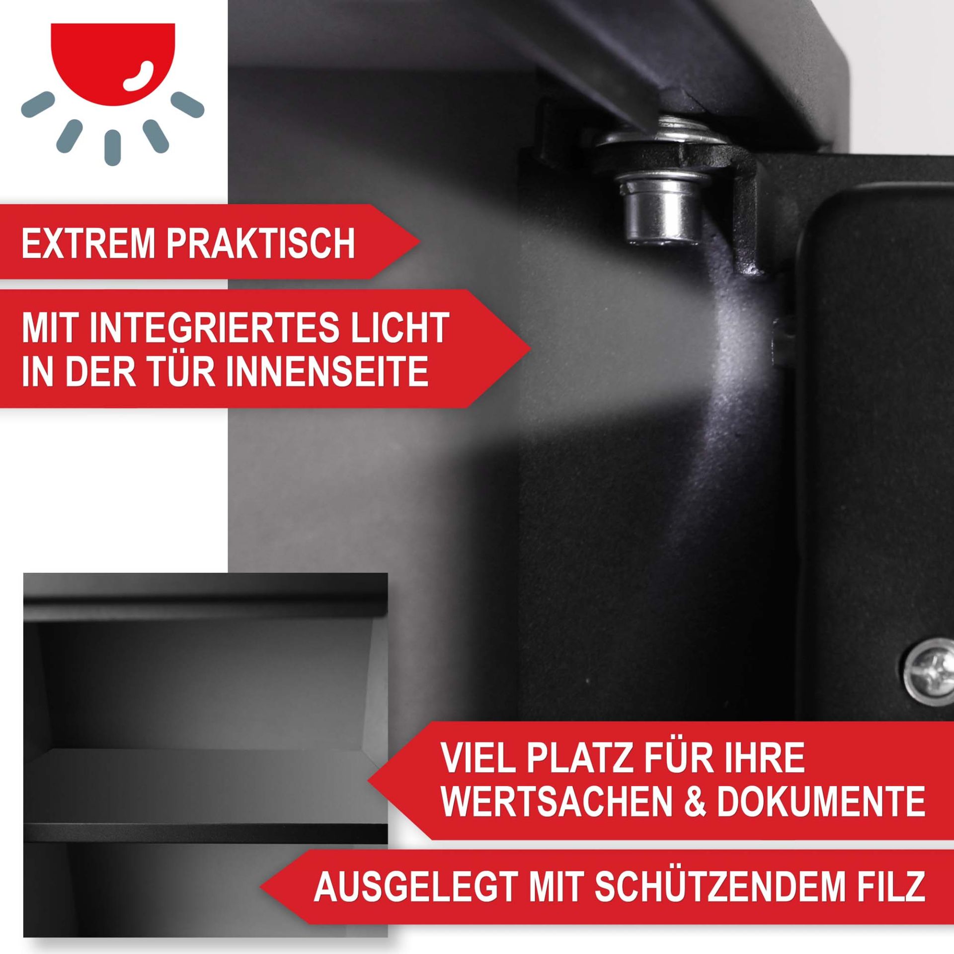 Möbeltresor M - Extrem praktisch, integriertes Licht in der Tür Innenseite, viel Platz für Wertsachen und Dokumente, ausgelegt mit schützendem Filz