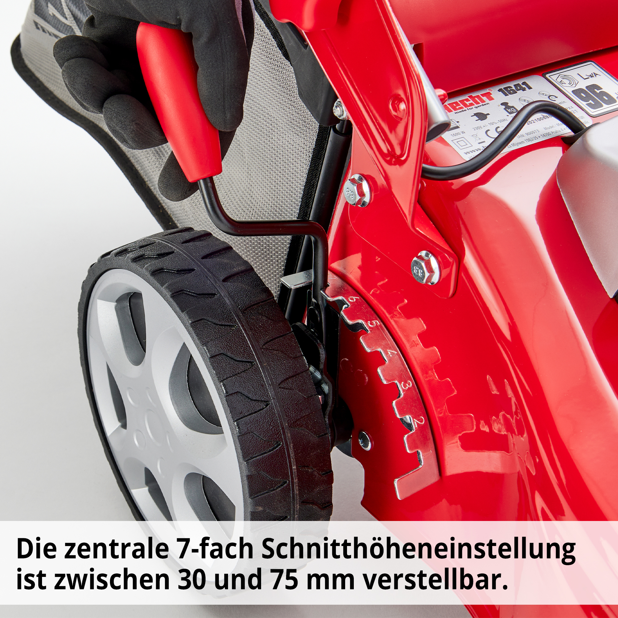 Elektro-Motor-Rasenmäher mit 7-fach Schnitthöheneinstellung zwischen 30 und 75 mm