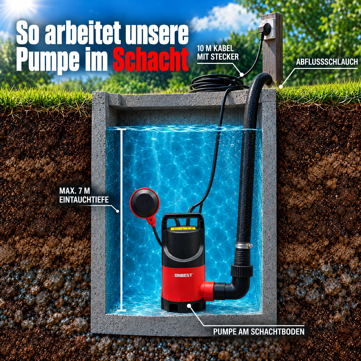 Schachtpumpe im Einsatz: 7 Meter Eintauchtiefe mit 10 m Kabel und Stecker (Dieses Bild wurde mit Hilfe von KI generiert.)