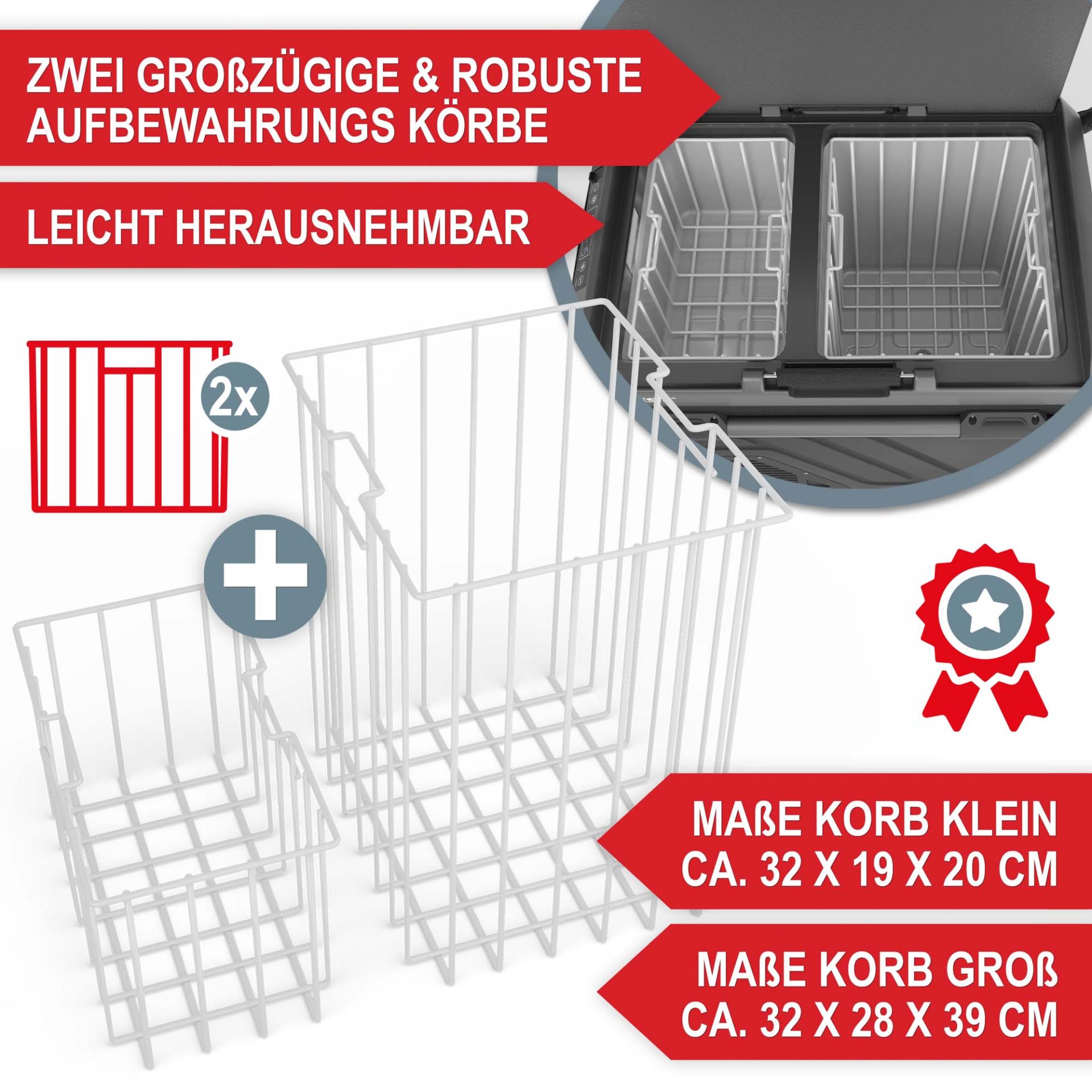 Kompressor Kühlbox 50 Liter - 2 großzügige und robuste Aufbewahrungskörbe; leicht abnehmbar; klein und groß