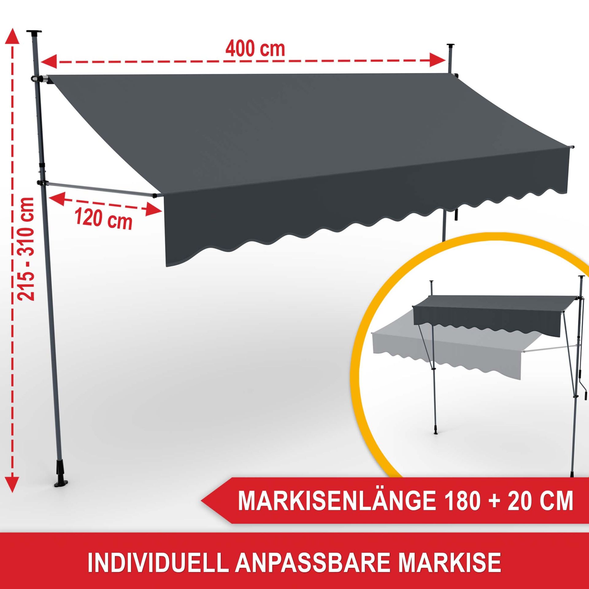 Balkonmarkise XL Anthrazit - Markisenlänge, individuell anpassbare Markise