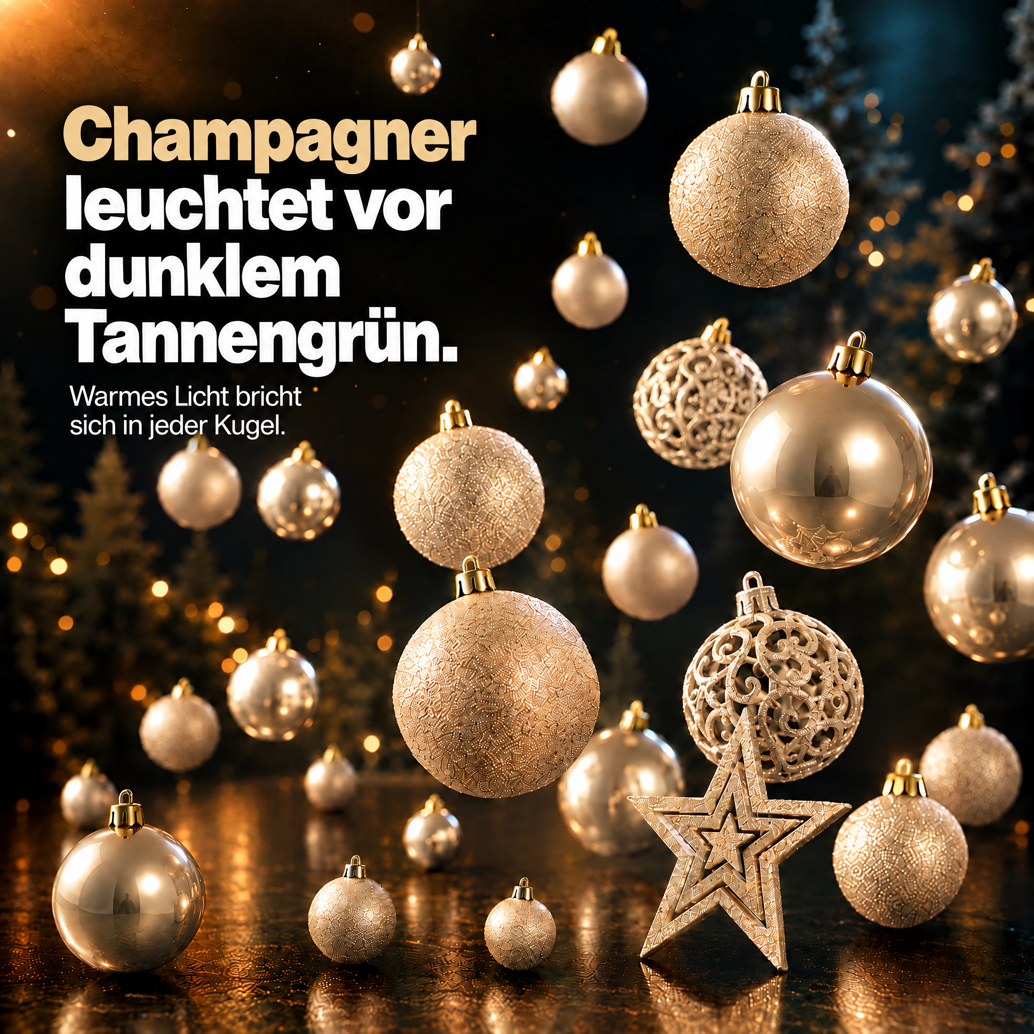 Baumkugeln Champagner: Warmes Licht bricht sich festlich im Tannengrün. (Dieses Bild wurde mit Hilfe von KI generiert.)