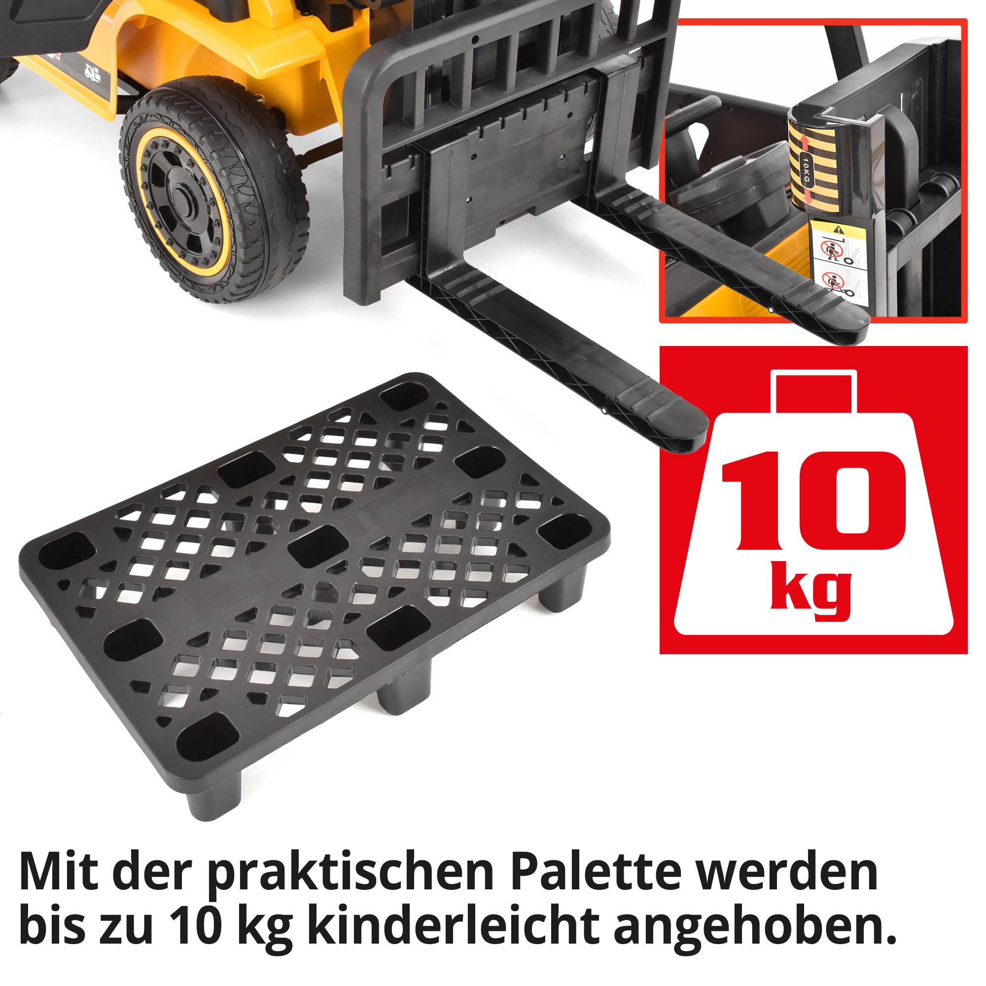 Hecht 52108YELLOW Kinder Elektro Gabelstapler Gelb mit praktischer Palette bis zu 10 Kilogramm anheben