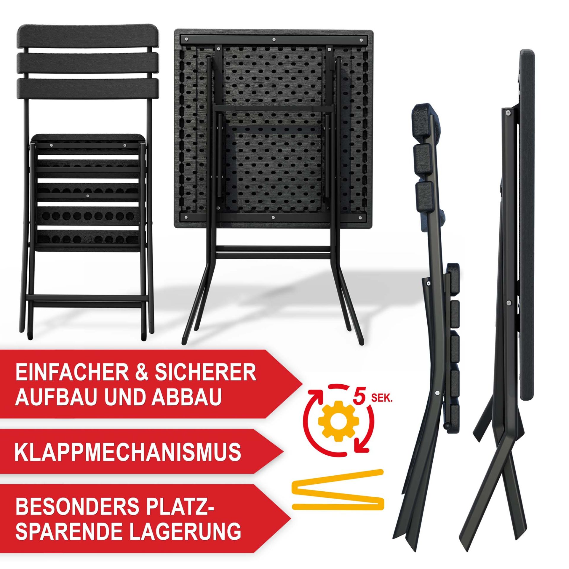 Balkontisch Set Borkum - einfacher und sicherer Aufbau und Abbau; Klappmechanismus; Besonders platzsparende Lagerung