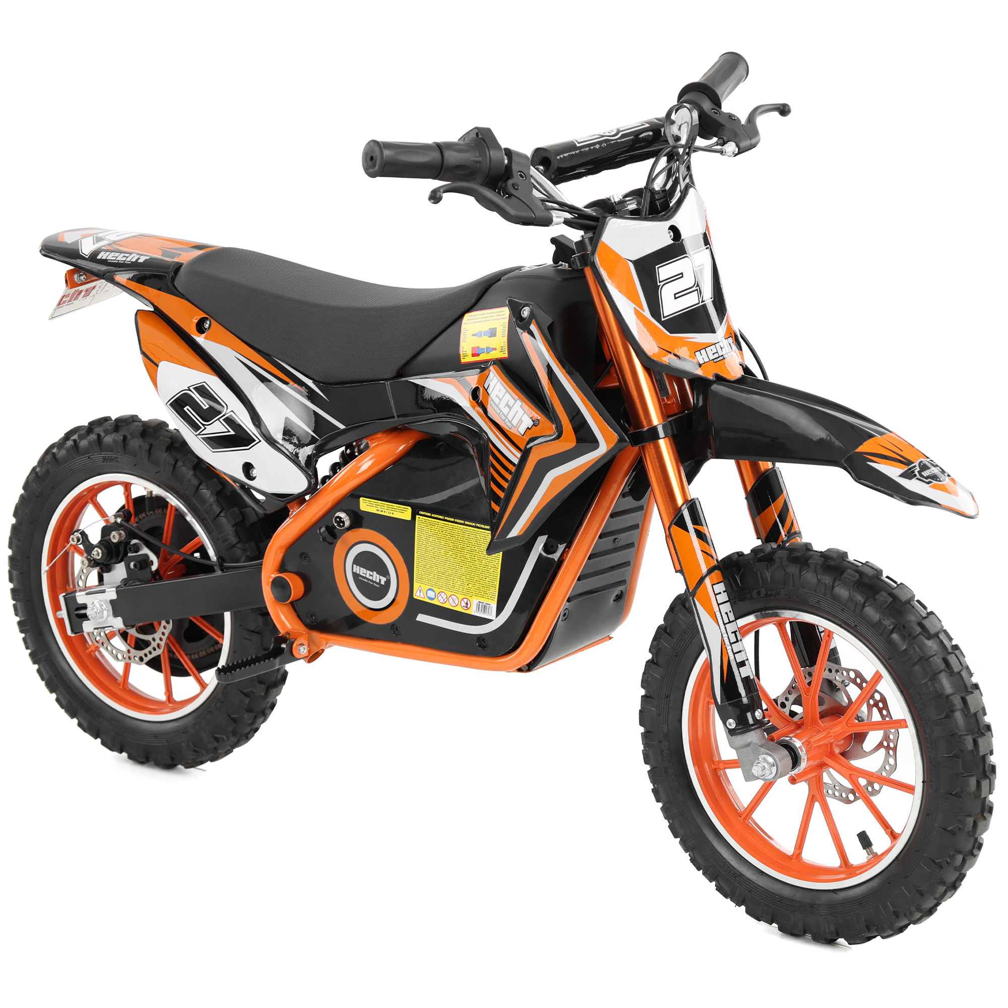 Elektro Pocketbike in Seitenansicht mit sportlichem Design in Orange-Schwarz