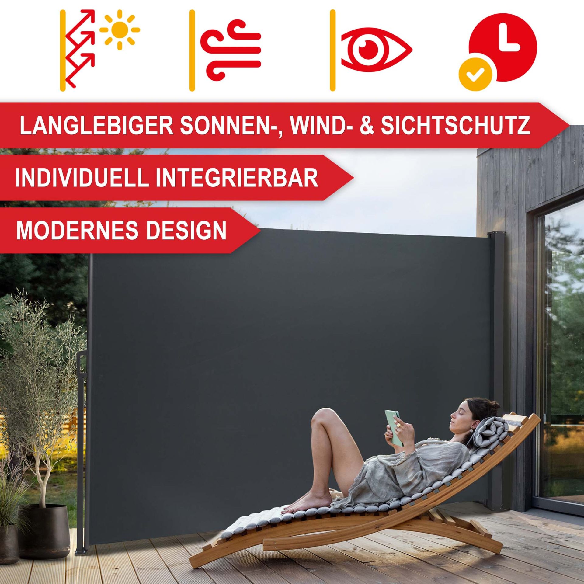 Langlebiger Sonnen-, Wind- und Sichtschutz, individuell integrierbar, modernes Design - Seitenmarkise XL