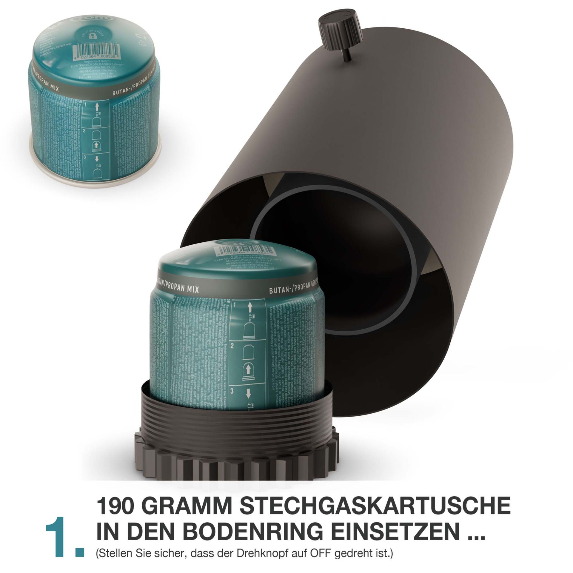 Gas-Kartusche wird in den Bodenring des Tischkamins eingesetzt