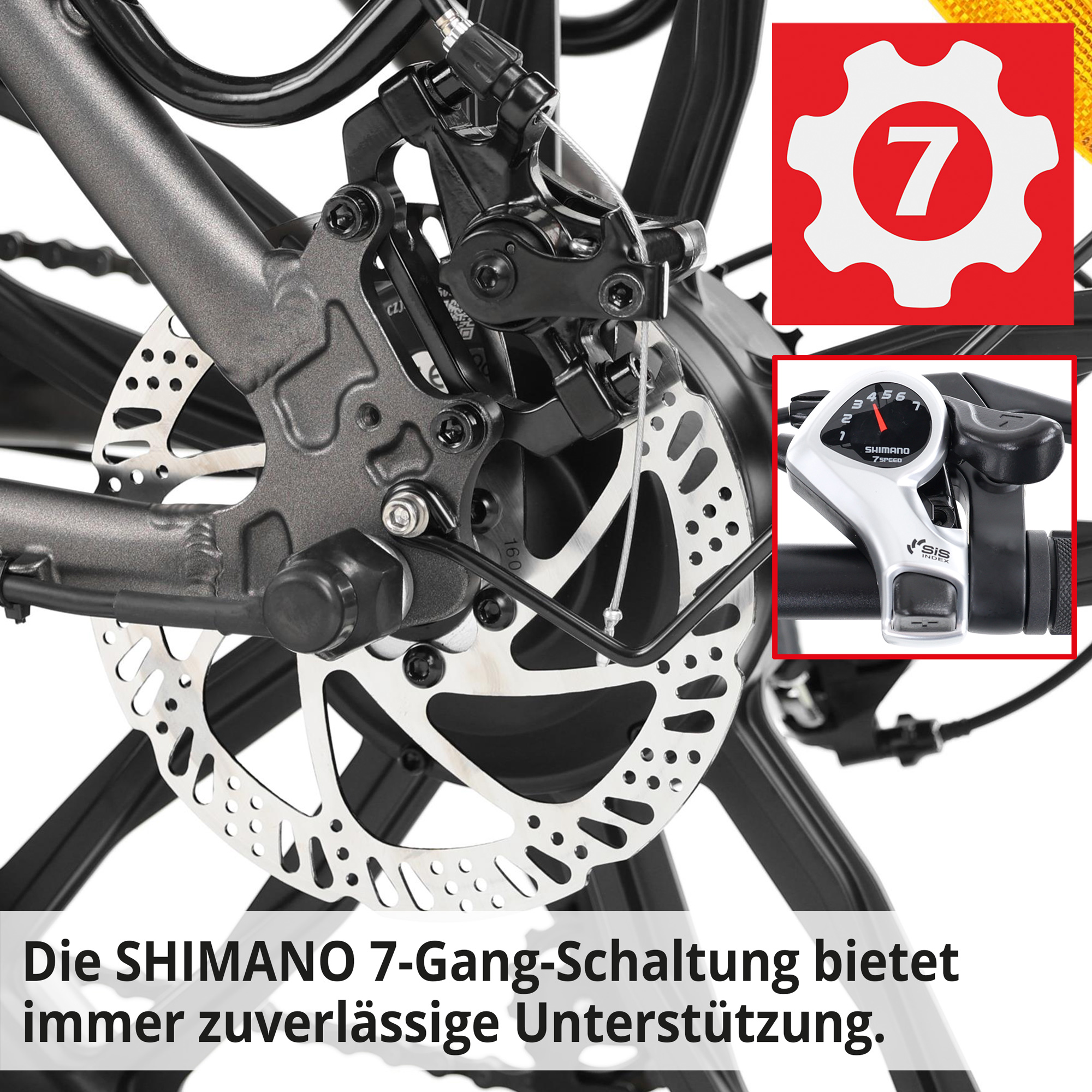 Elektro Klapprad; Die SHIMANO 7-Gang-Schaltung bietet immer zuverlässige Unterstützung