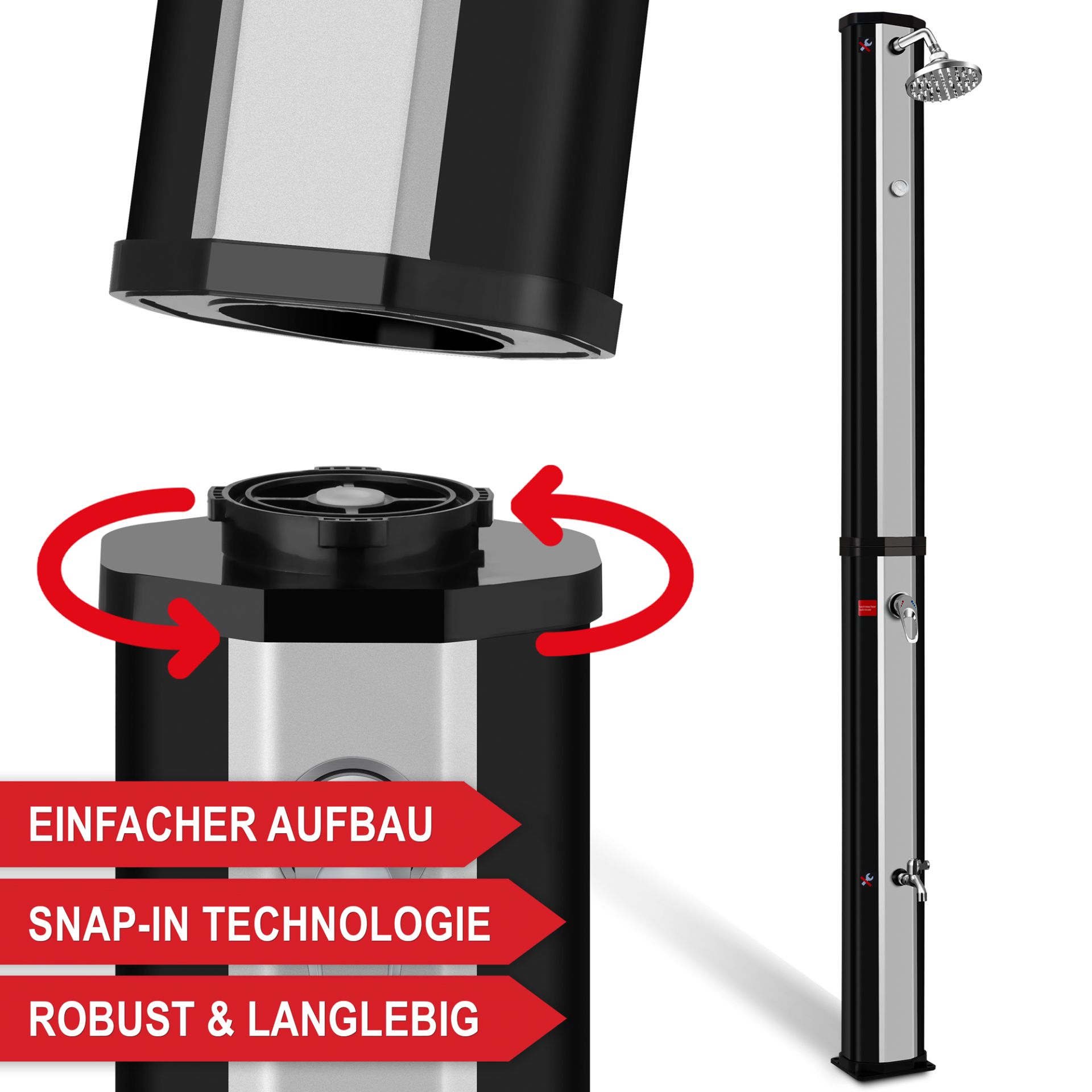 Solardusche schwarz/ silber - Einfacher Aufbau, Snap-In Technologie, robust und langlebig