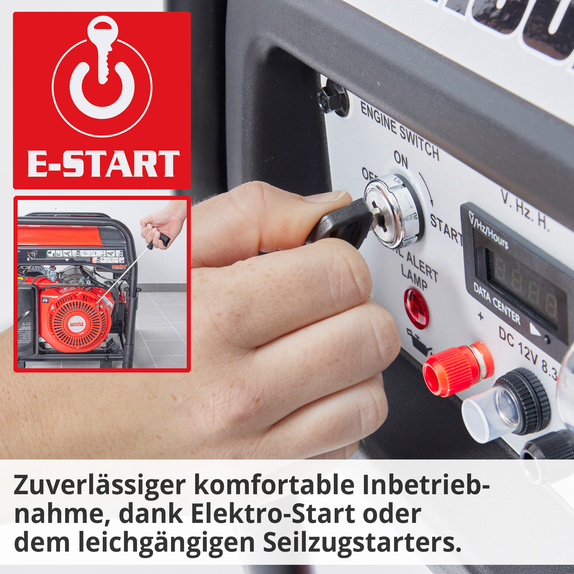Hecht GG 11000 Notstromaggregat Benzin; Zuverlässige komfortable Inbetriebnahme, dank Elektro-Start oder dem leichtgängigen Seilzugstarters