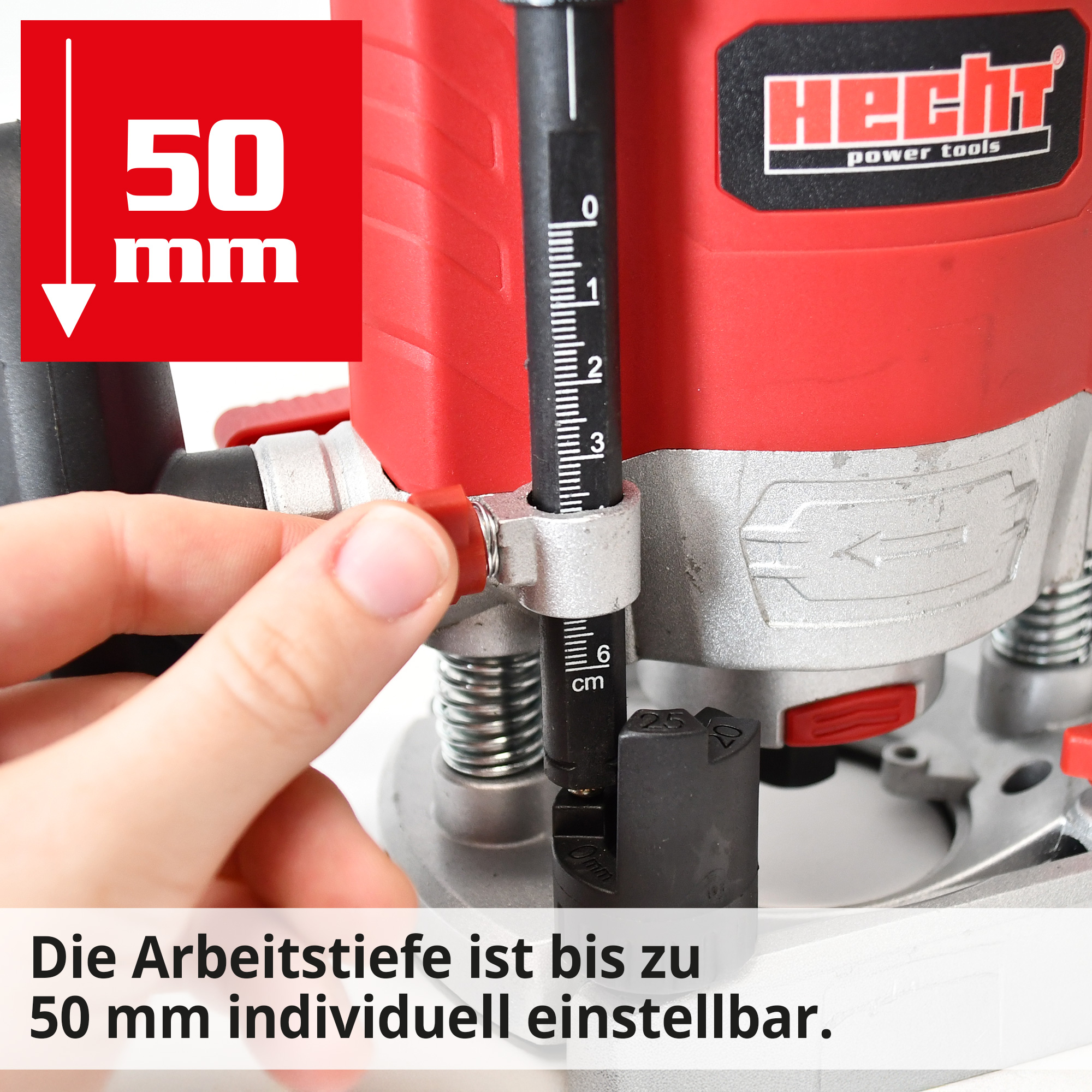 Hecht 1795 Oberfräse; Die Arbeitstiefe ist bis zu 50mm individuell einstellbar