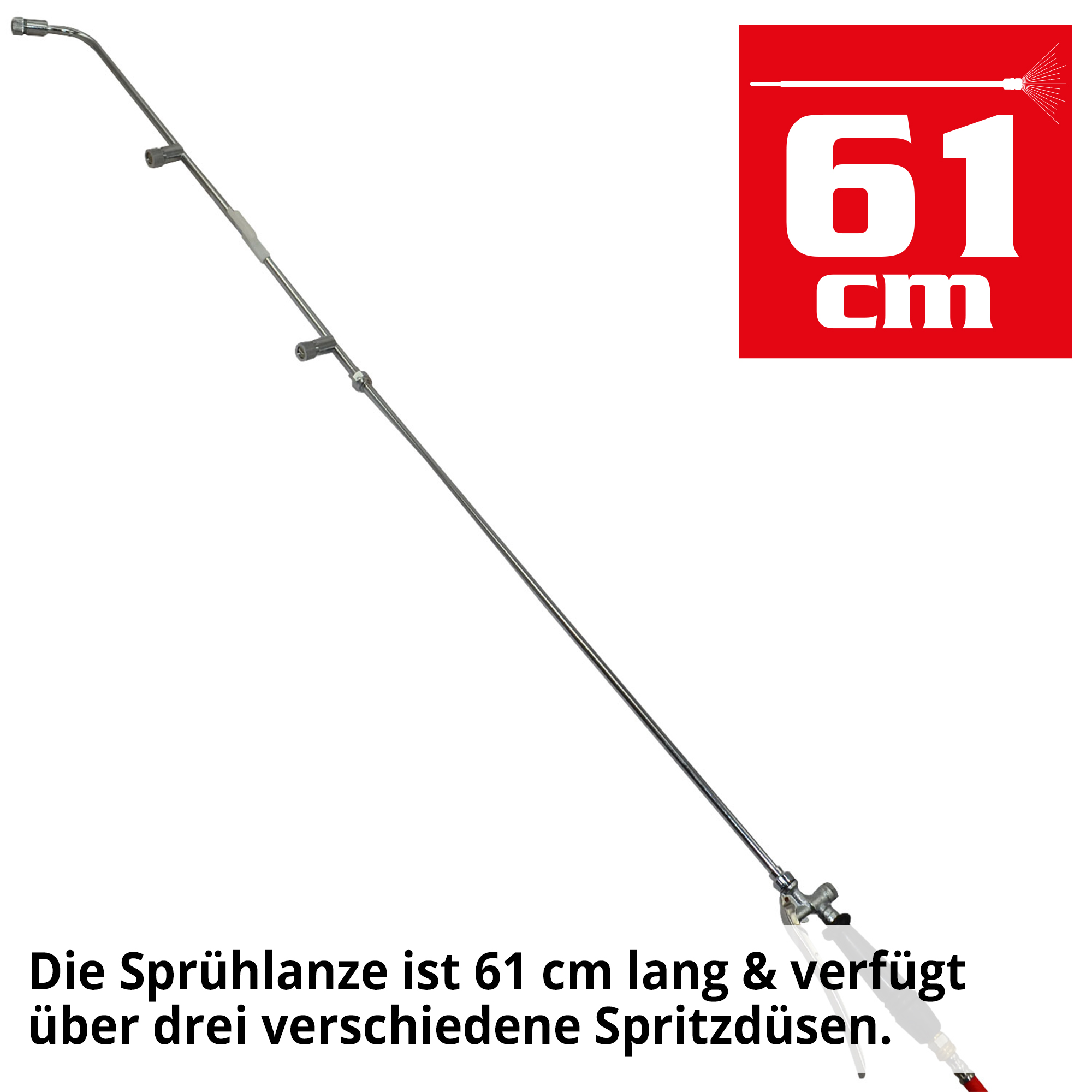 Motor Rückenspritze; Die Sprühlanze ist 61 Zentimeter lang und verfügt über drei verschiedene Spritzdüsen