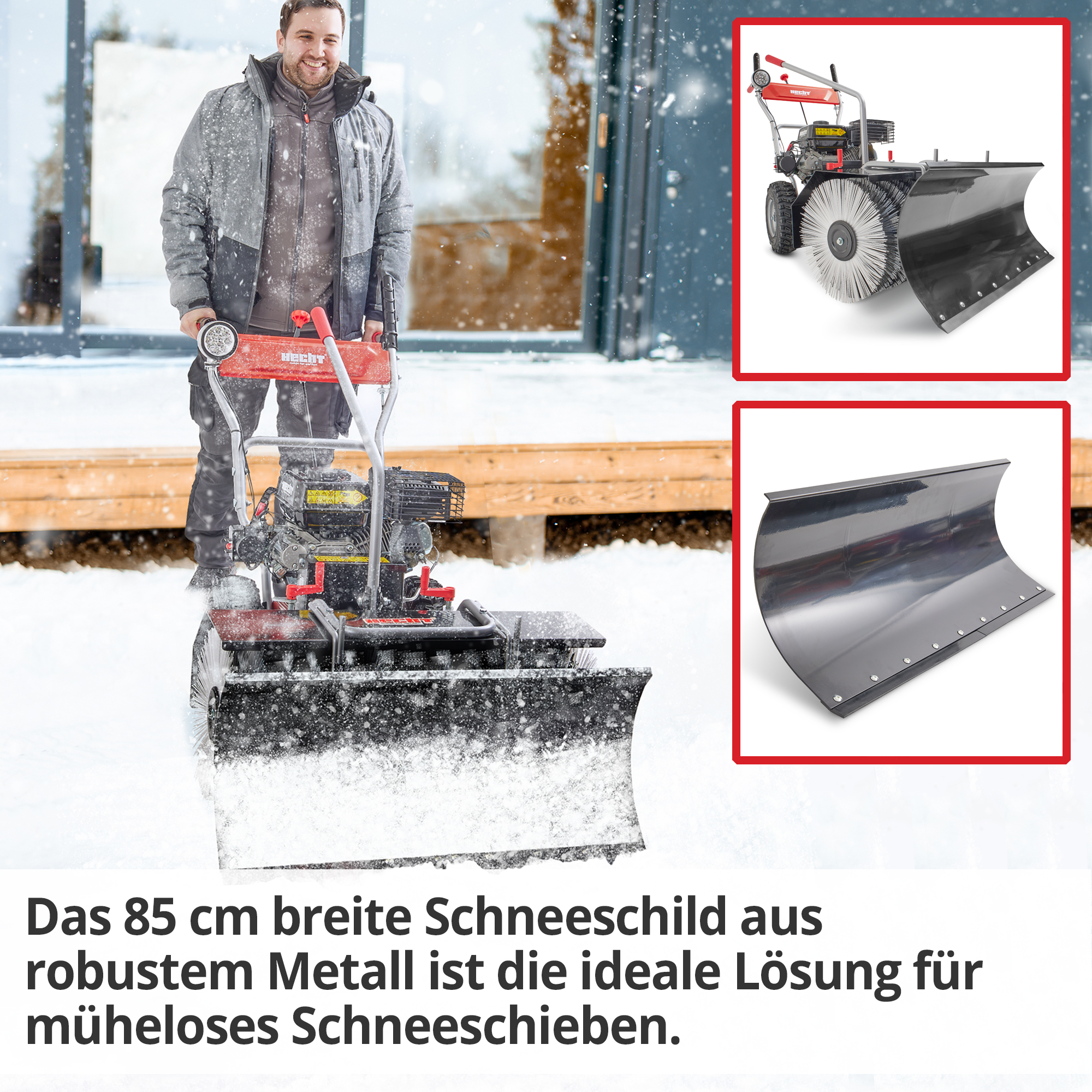 Das 85 cm breite Schneeschild an der HECHT 8680 Kehrmaschine ist aus robustem Metall und die ideale Lösung für müheloses Schneeschieben
