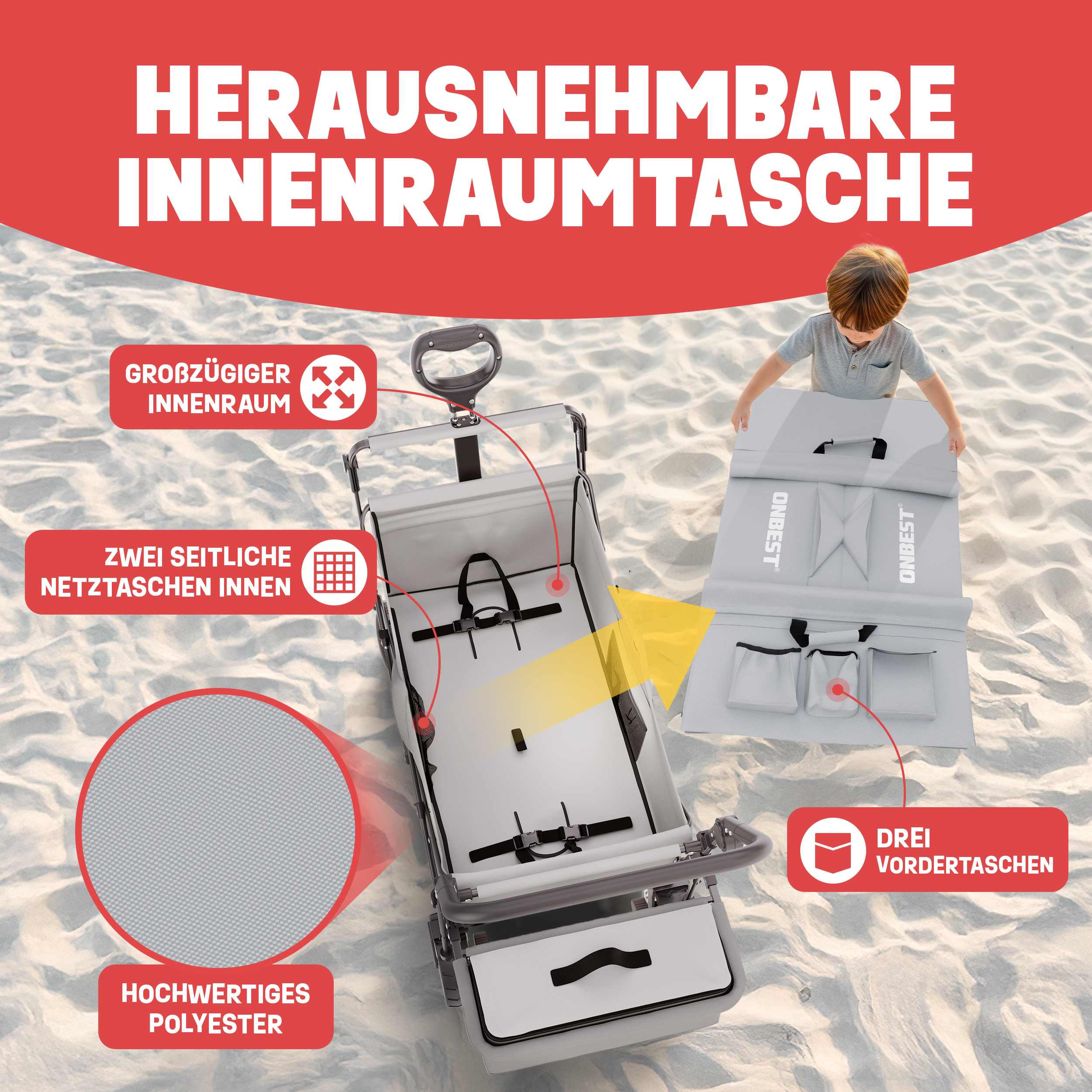 Faltbarer Bollerwagen mit Kühltasche und Stauraumtaschen