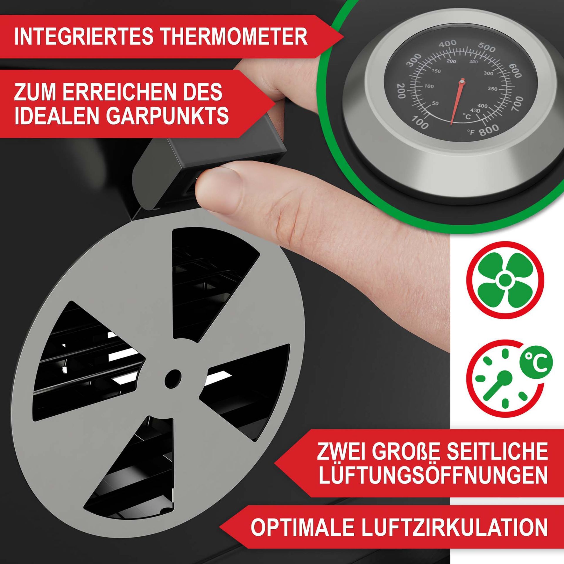 Holzkohlegrill Austin - Integriertes Thermometer; zum erreichen des idealen Garpunkts; zwei große seitliche Lüftungsöffnungen; optimale Luftzirkulation