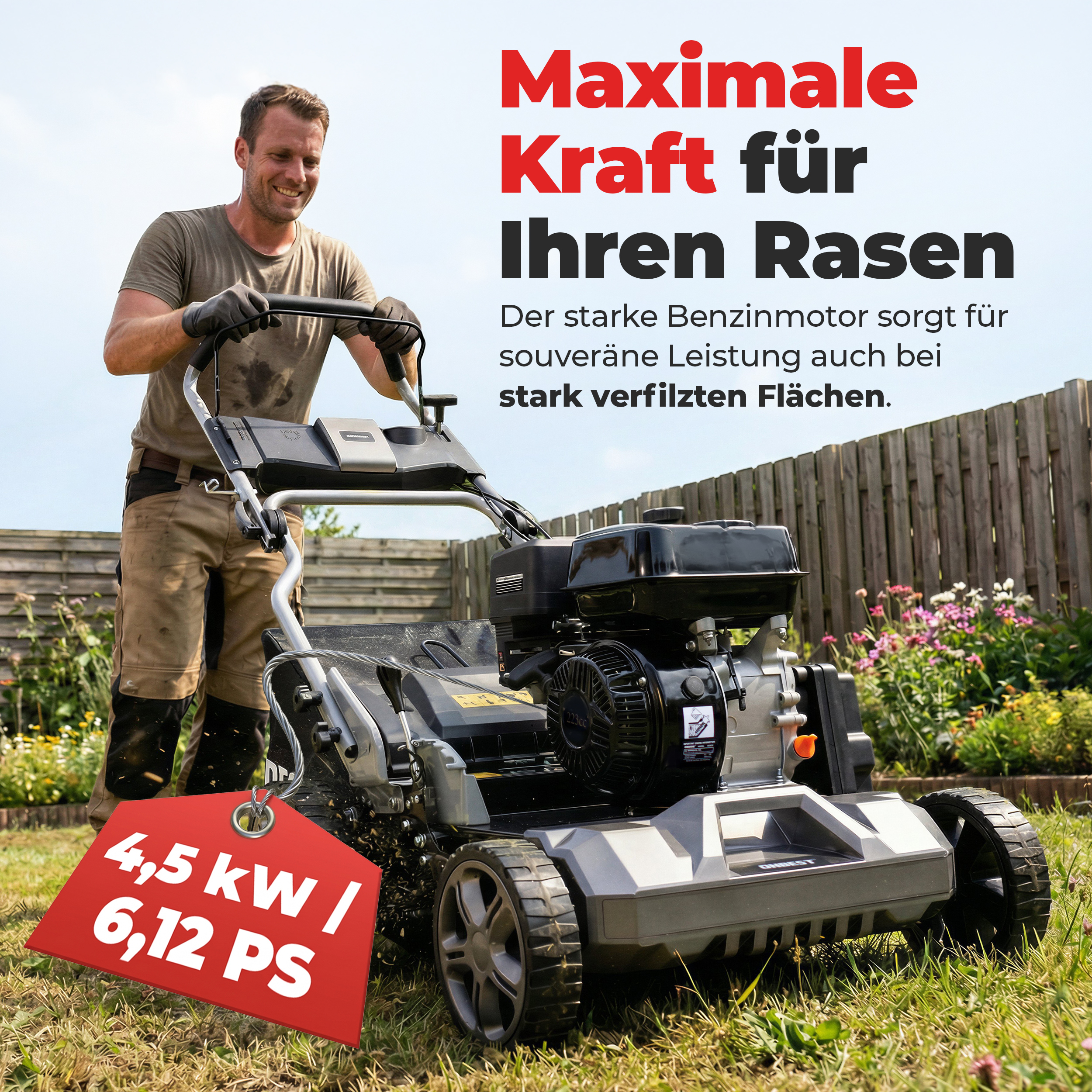 Benzin Vertikutierer Anwendung Rasen lüften Moos entfernen Gartenarbeit Mann