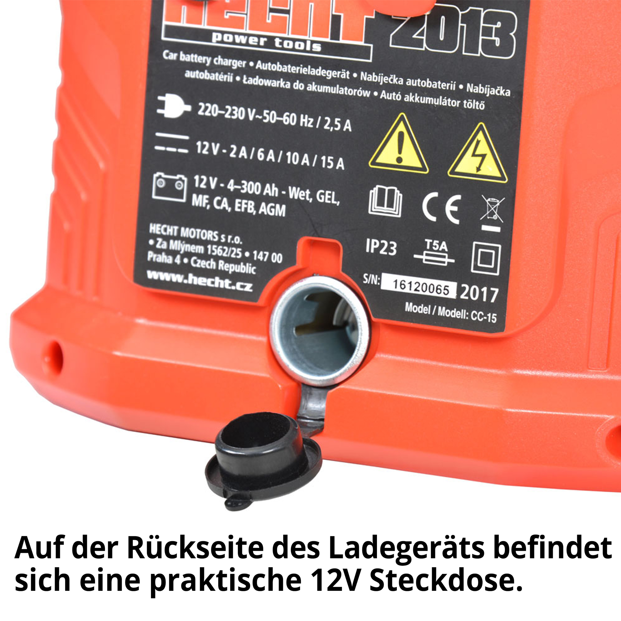 HECHT 2013 Batterieladegerät; Auf der Rückseite des Ladegeräts befindet sich eine praktische Steckdose