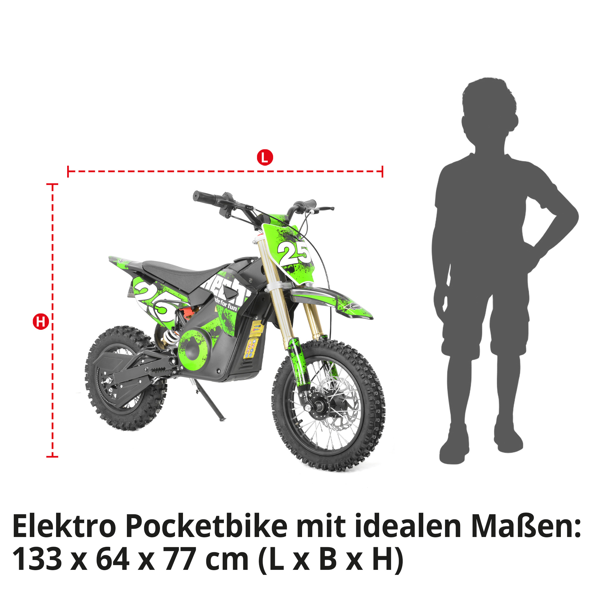 Hecht 59100 Elektro Pocketbike Grün mit idealen Maßen 133 x 64 x 77cm