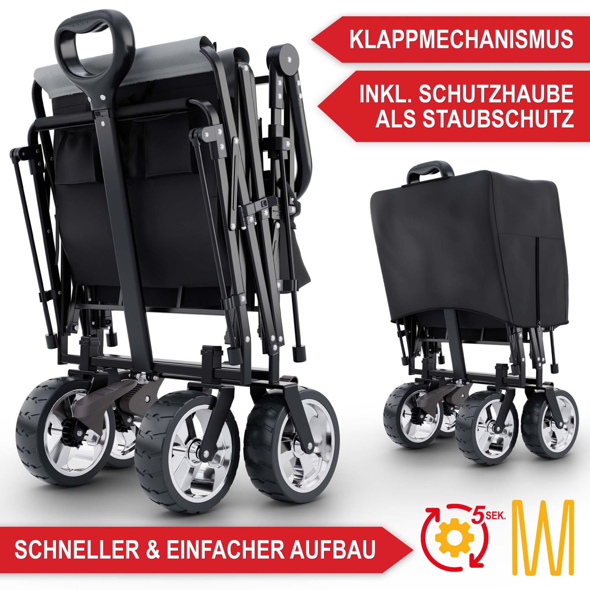 Bollerwagen mit Dach schwarz - Klappmechanismus, inklusive Schutzhaube als Staubschutz, schneller und einfacher Aufbau
