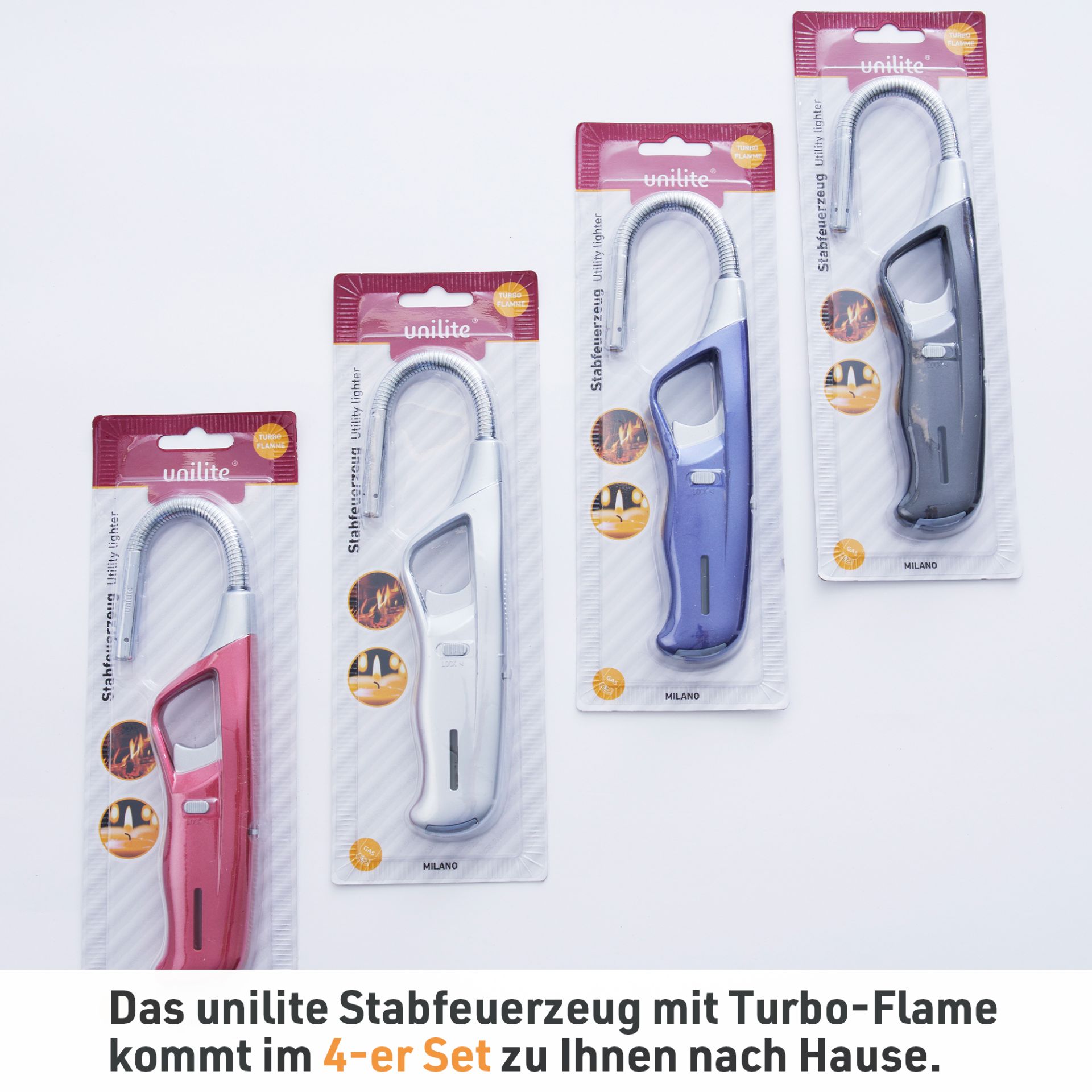 4 Mal Unilite Stabfeuerzeug Milano im Lieferumfang
