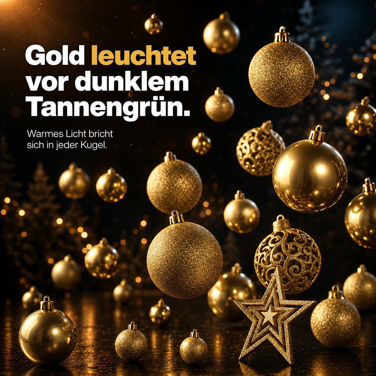 ONBEST Christbaumschmuck: Goldene Kugeln vor dunklem Tannengrün (Dieses Bild wurde mit Hilfe von KI generiert.)