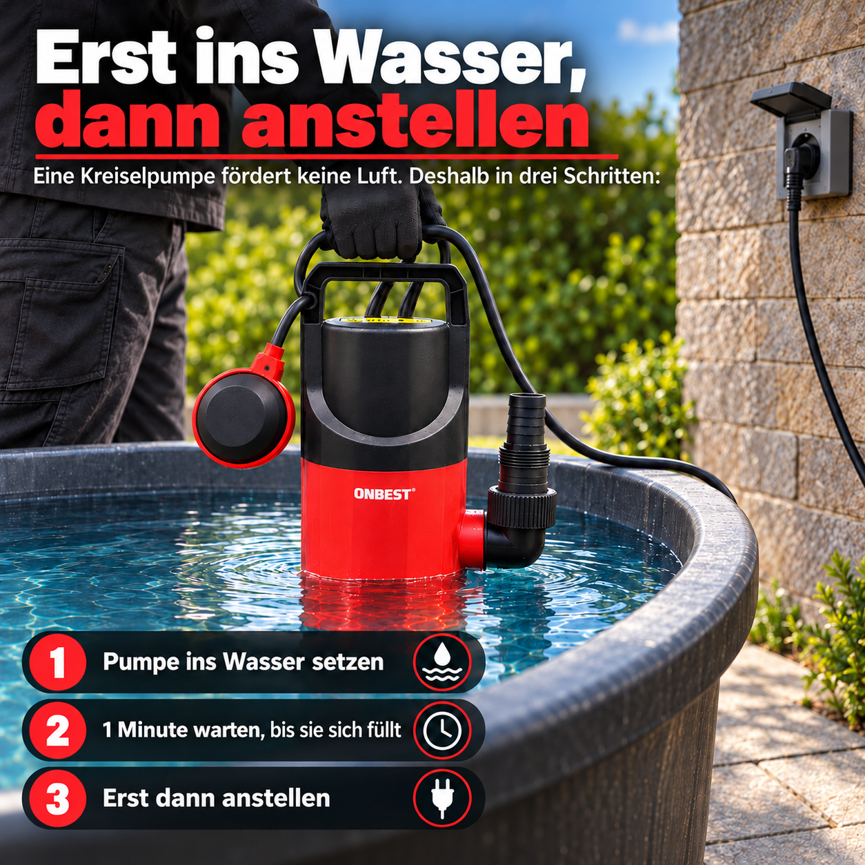 Tauchpumpe Inbetriebnahme: Erst ins Wasser setzen, füllen lassen und starten (Dieses Bild wurde mit Hilfe von KI generiert.)