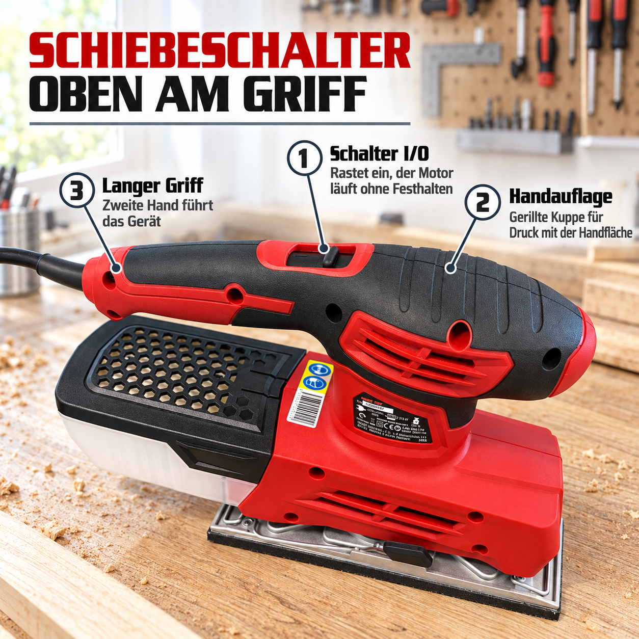 Ergonomische Schleifmaschine: Schiebeschalter und gerillte Handauflage (Dieses Bild wurde mit Hilfe von KI generiert.)