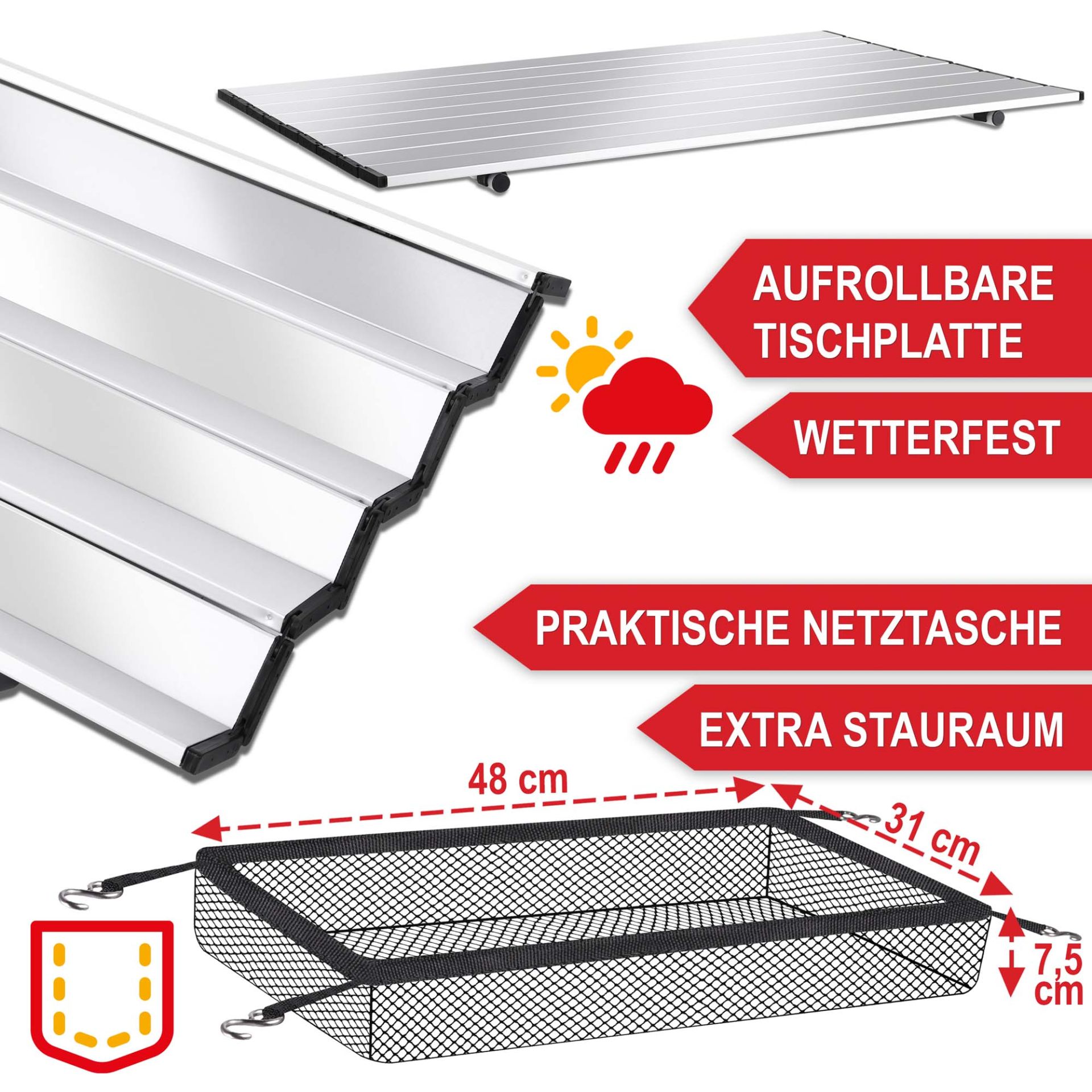 Klapptisch Norderney silber - aufrollbare Tischplatte, wetterfest, praktische Netztasche, extra Stauraum