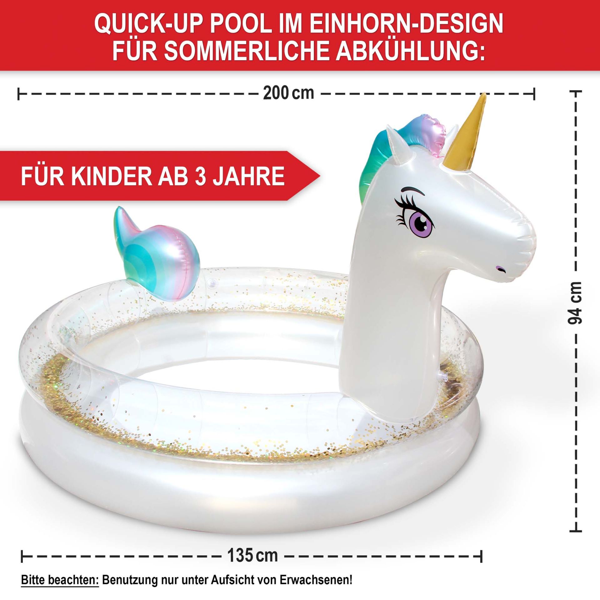 Planschbecken Einhorn - Quick-up Pool im Einhorn-Design für sommerliche Abkühlung, Ab 3 Jahren