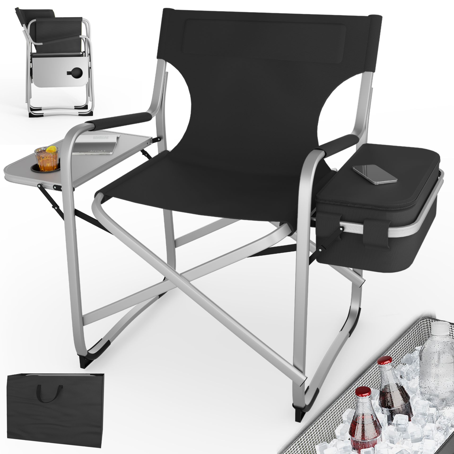 Campingstuhl mit Kühltasche schwarz - Klappbar