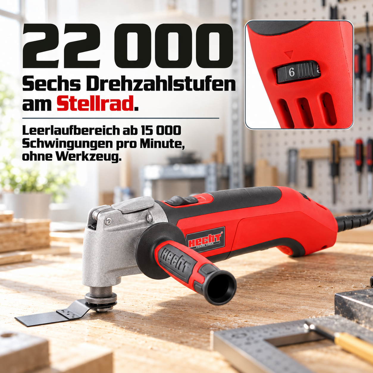 Oszillations-Werkzeug HECHT: Sechs Drehzahlstufen am Stellrad wählbar (Dieses Bild wurde mit Hilfe von KI generiert.)