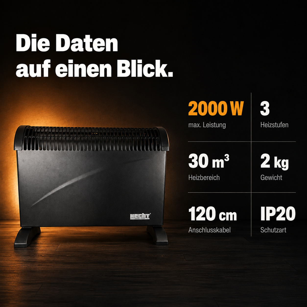 Technische Daten zur HECHT Elektroheizung mit 2000W Leistung (Dieses Bild wurde mit Hilfe von KI generiert.)