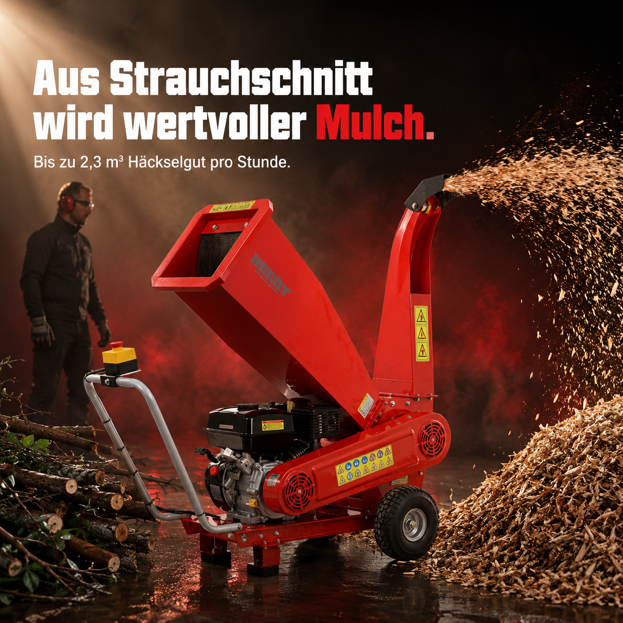 HECHT Gartenhäcksler produziert bis zu 2,3 Kubikmeter Mulch pro Stunde (Dieses Bild wurde mit Hilfe von KI generiert.)
